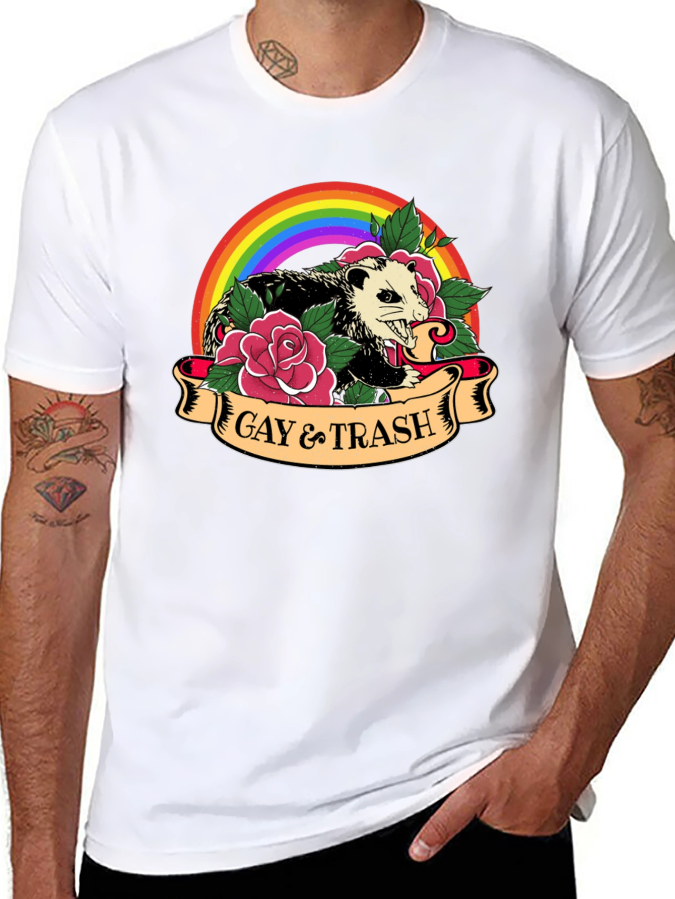 Gay & Trash Possum Rainbow Graphic T-Shirt