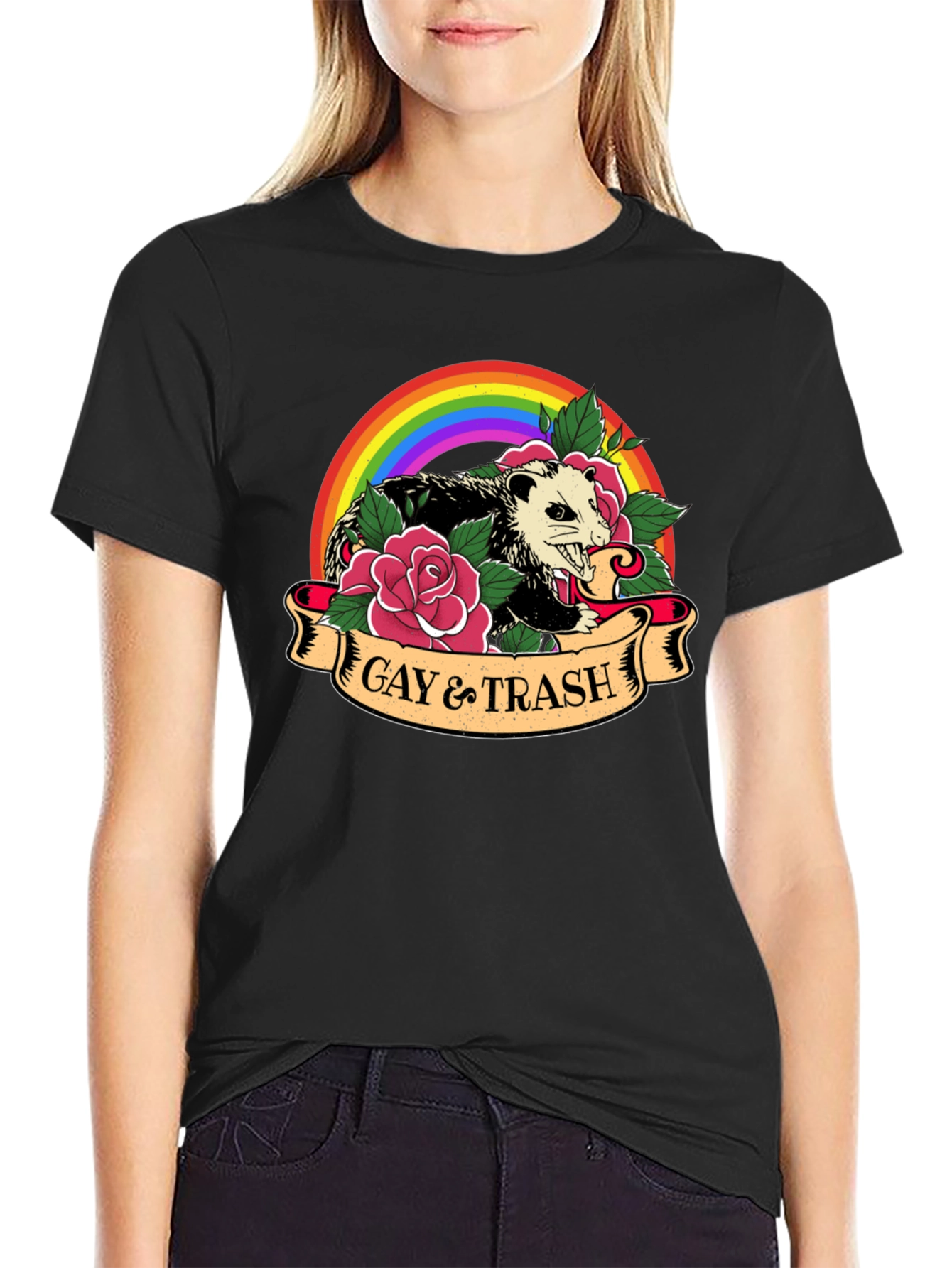 Gay & Trash Possum Rainbow Graphic T-Shirt