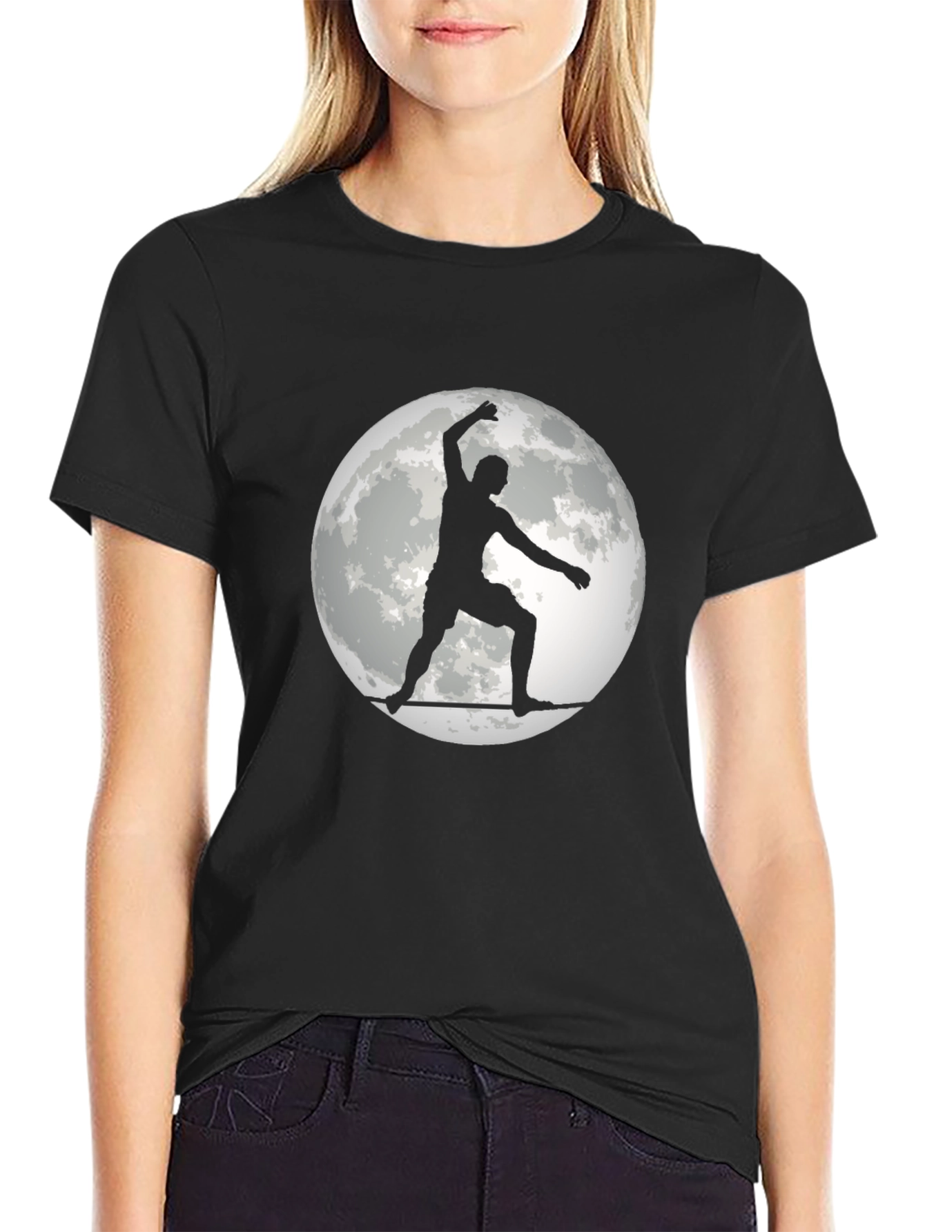 Surfer on the Moon Graphic Black T-Shirt