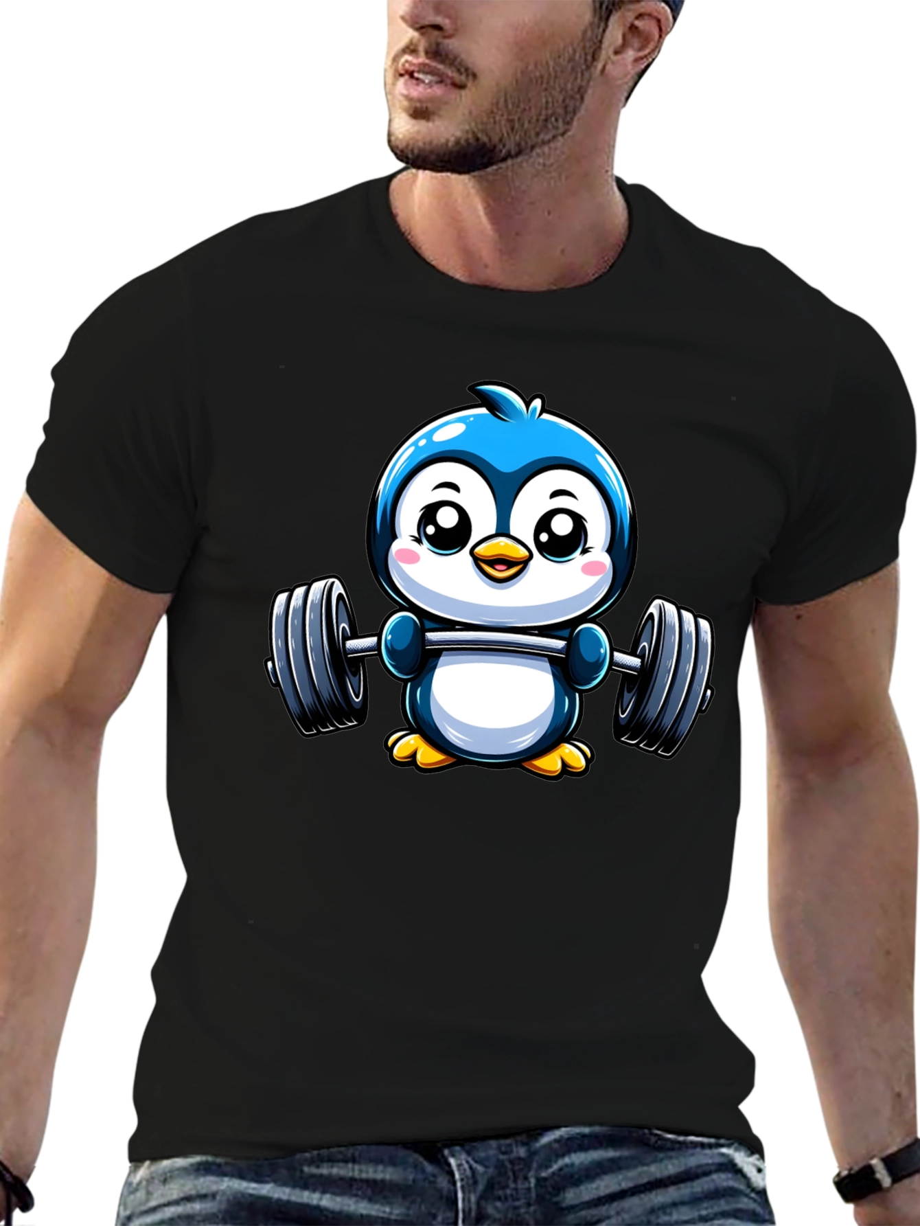Cute Penguin Lifting Weights Graphic Tee