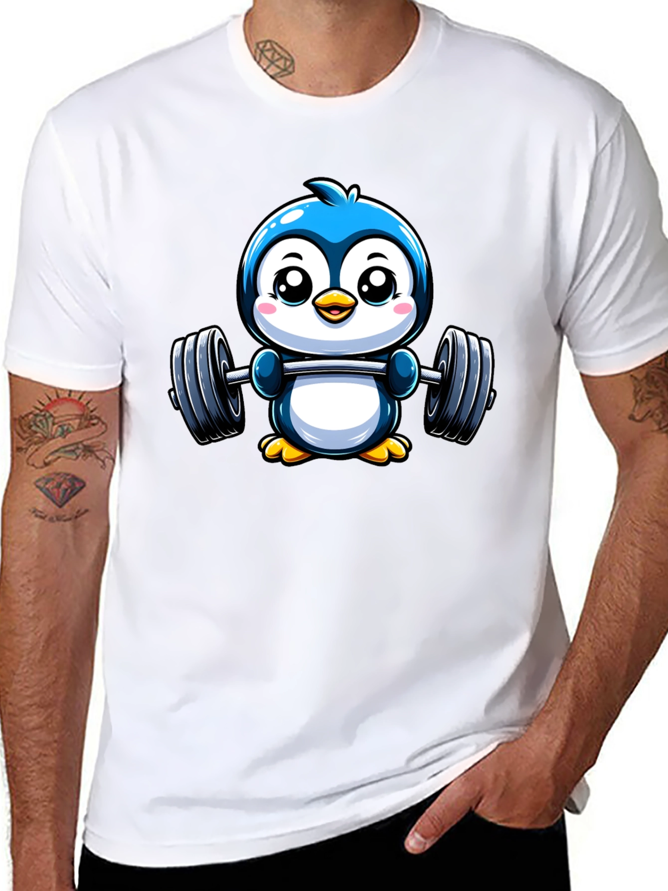 Cute Penguin Lifting Weights Graphic Tee