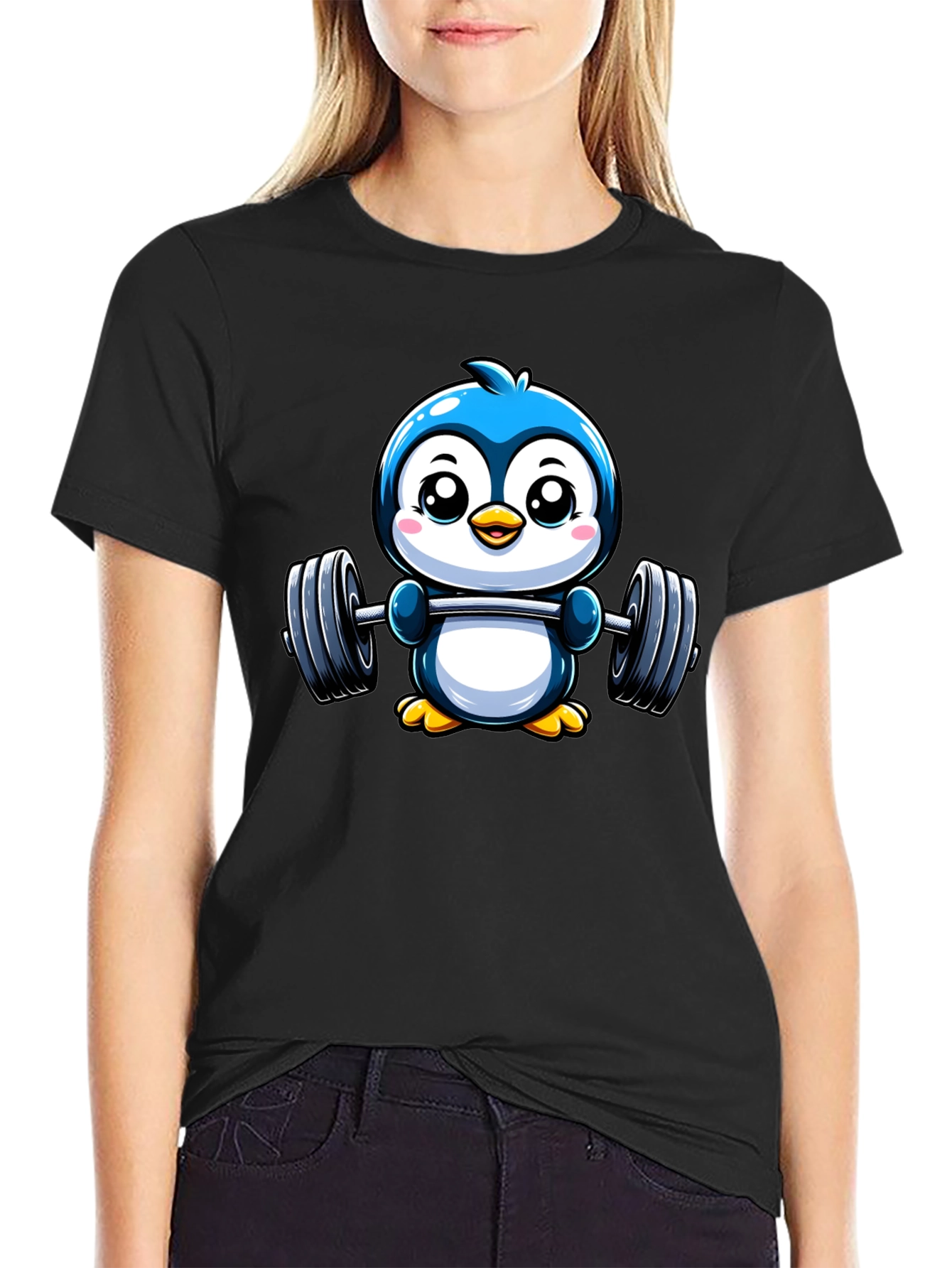 Cute Penguin Lifting Weights Graphic Tee