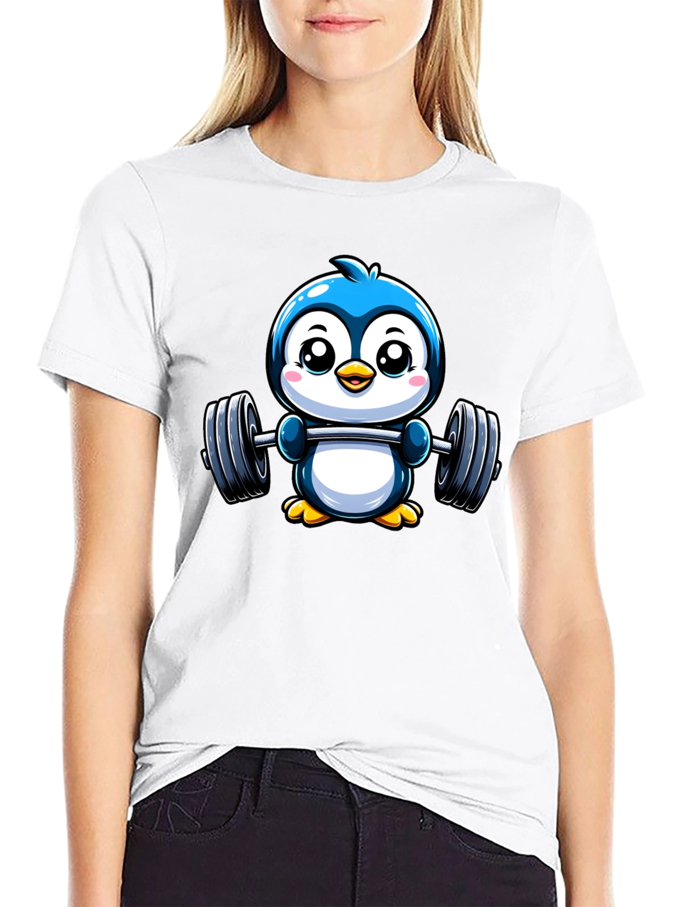 Cute Penguin Lifting Weights Graphic Tee