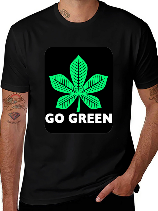 Go Green Leaf Graphic Tee - Black Cotton Casual Shirt