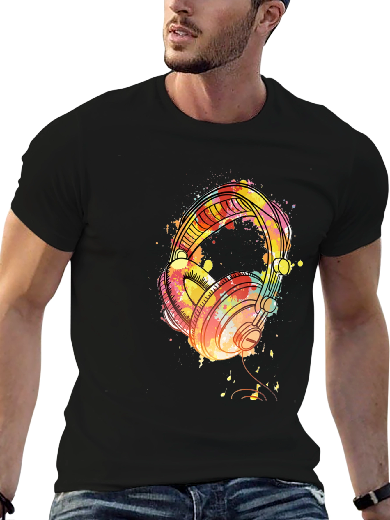Watercolor Headphones Black T-Shirt