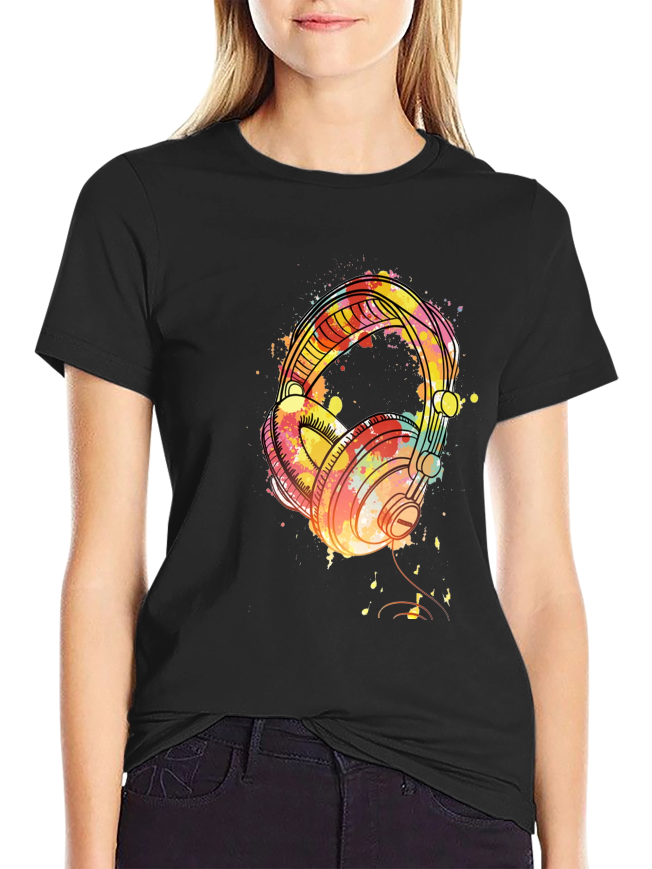 Watercolor Headphones Black T-Shirt