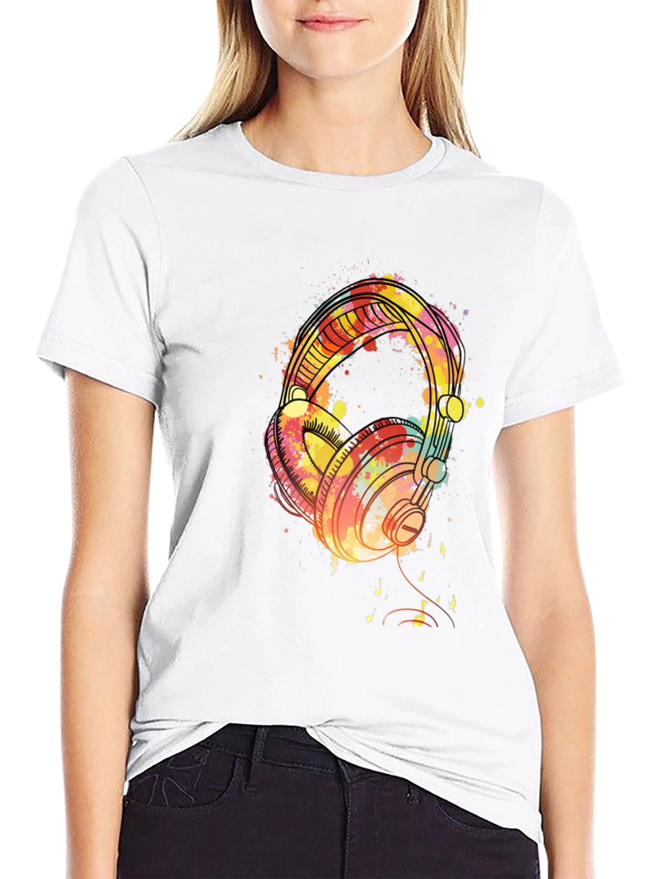 Watercolor Headphones Black T-Shirt