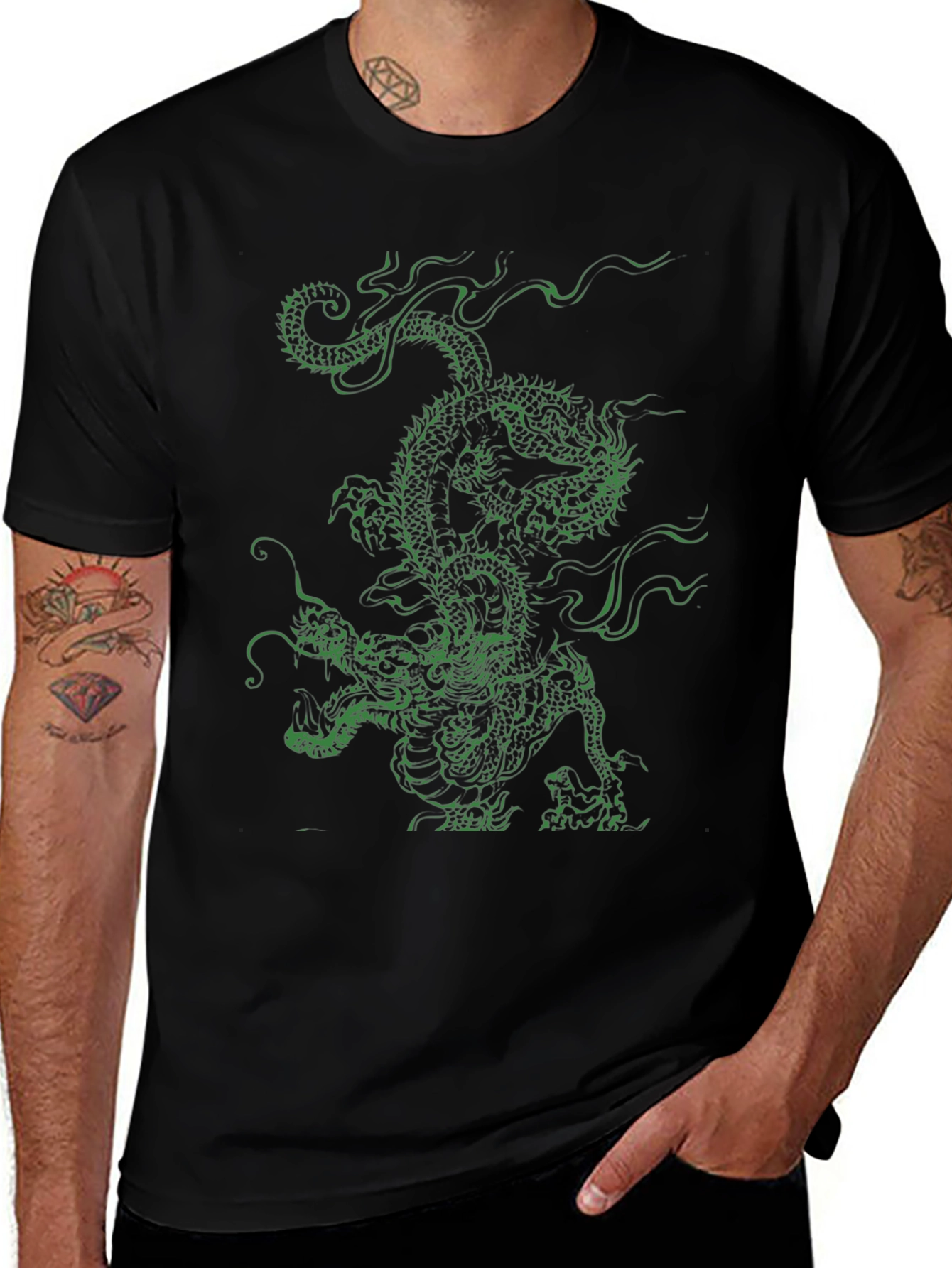 Green Dragon Graphic Tee - Black Cotton T-Shirt