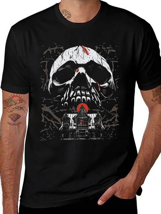 Skull & Haunted House Graphic Tee - Gothic Black T-Shirt