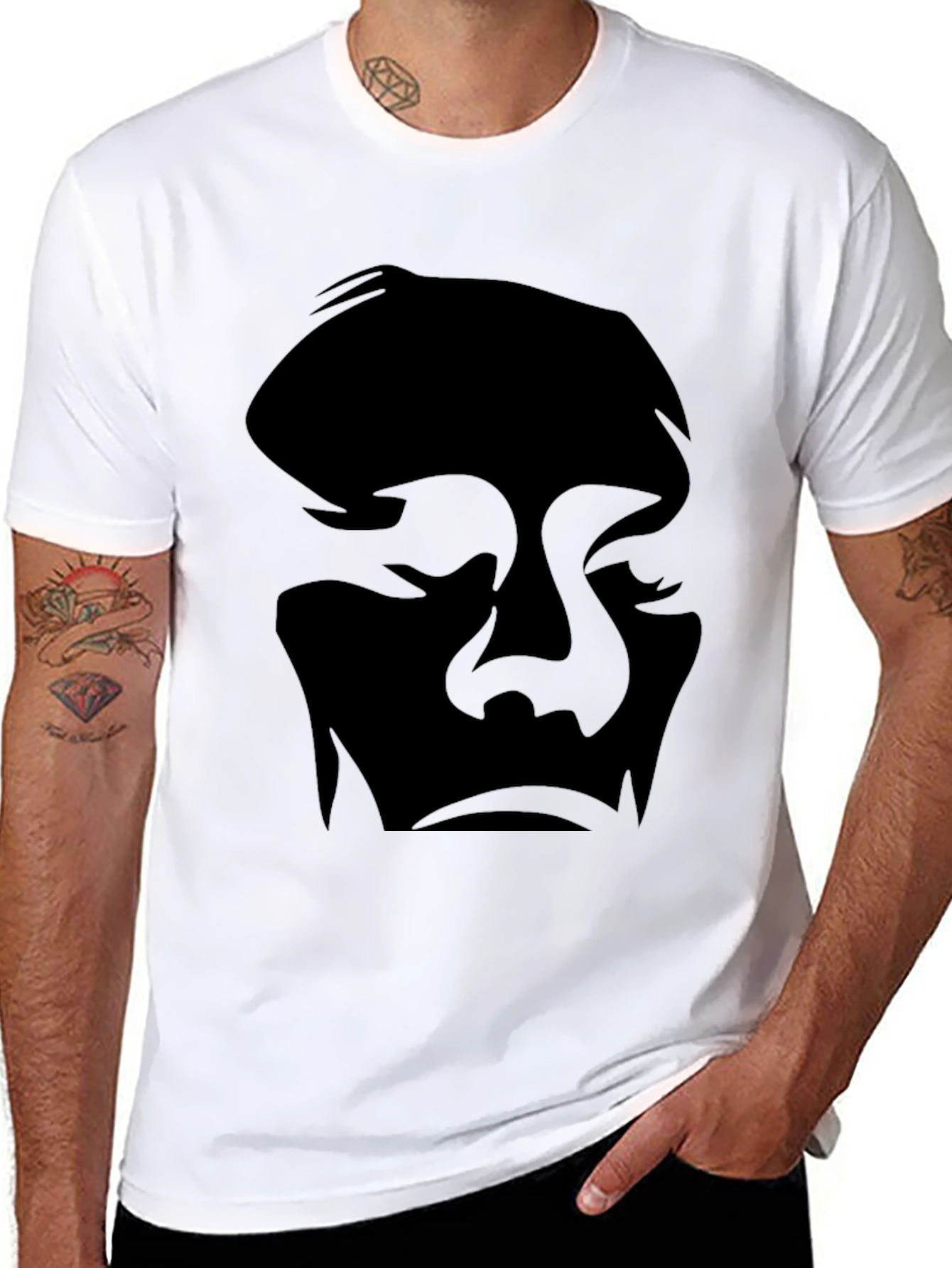 Abstract Face Graphic Tee - Black Cotton Casual Shirt