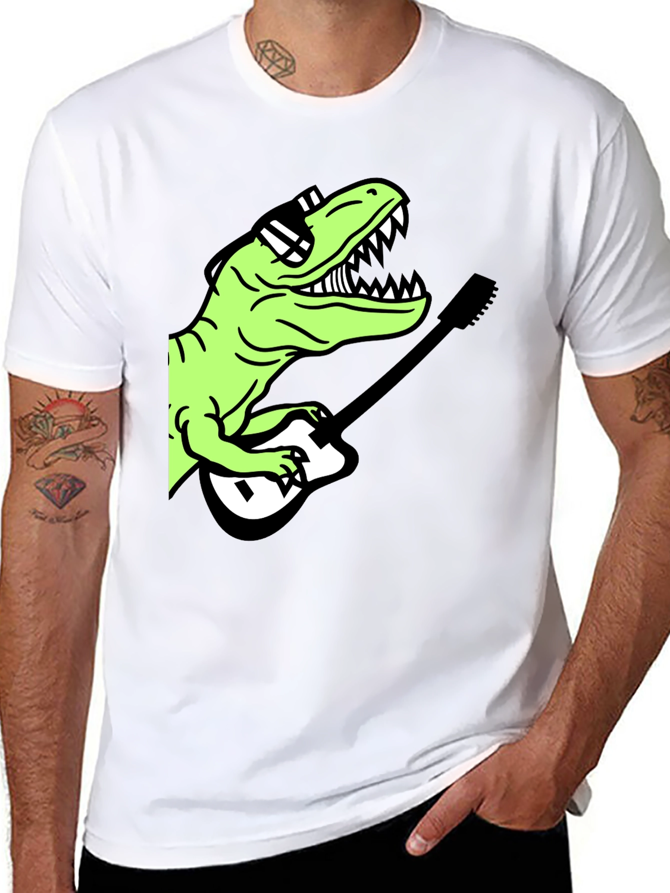 Cool Dinosaur Guitar Player Graphic T-Shirt