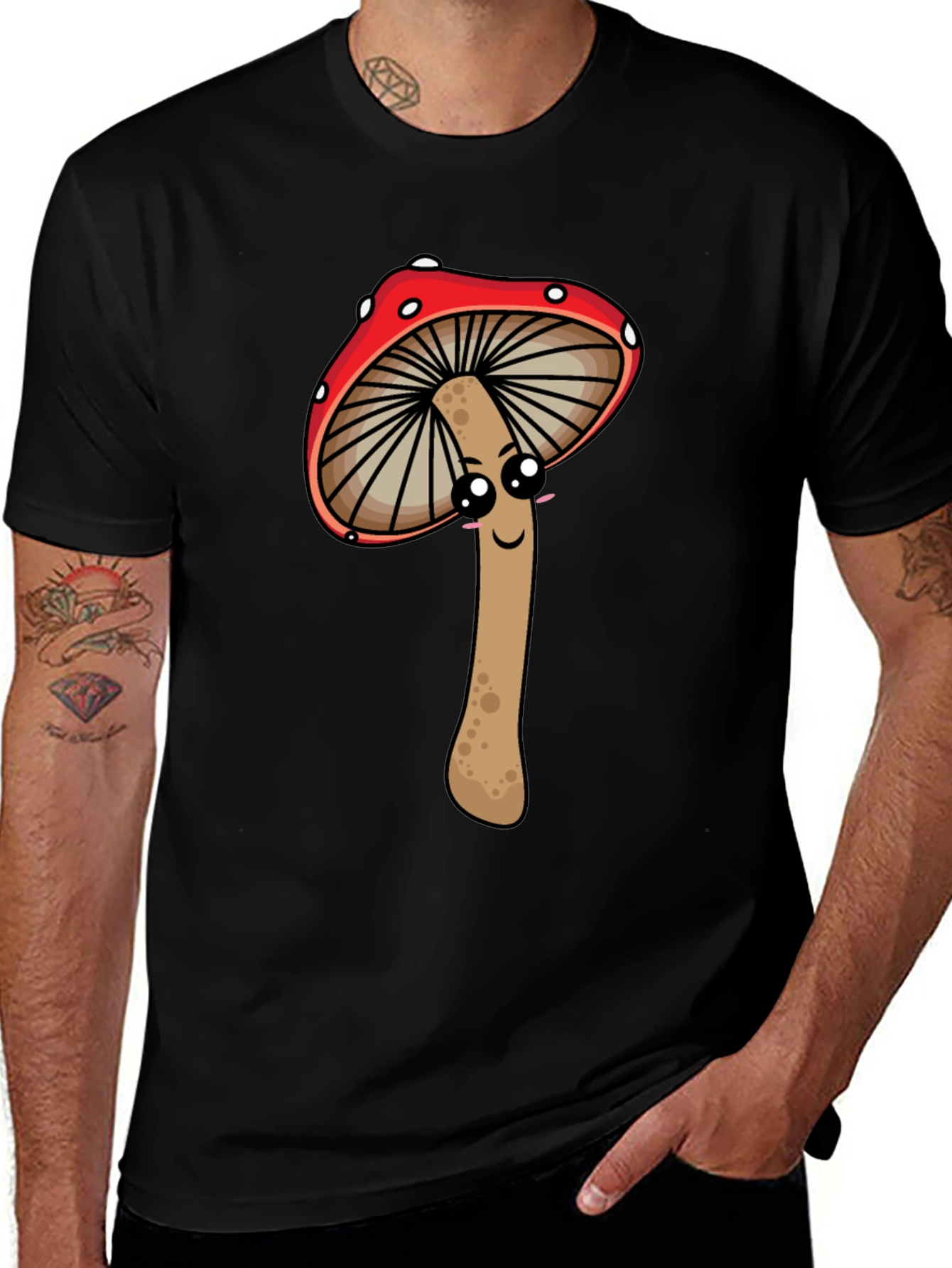 Cute Mushroom Graphic Tee - Black Cotton T-Shirt