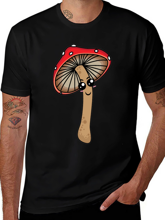 Cute Mushroom Graphic Tee - Black Cotton T-Shirt