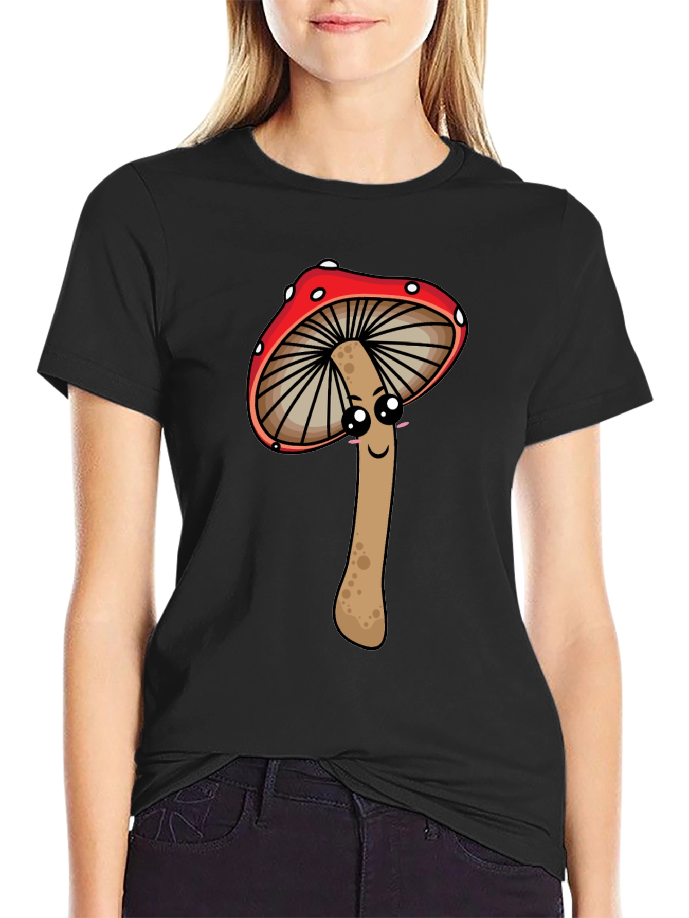 Cute Mushroom Graphic Tee - Black Cotton T-Shirt