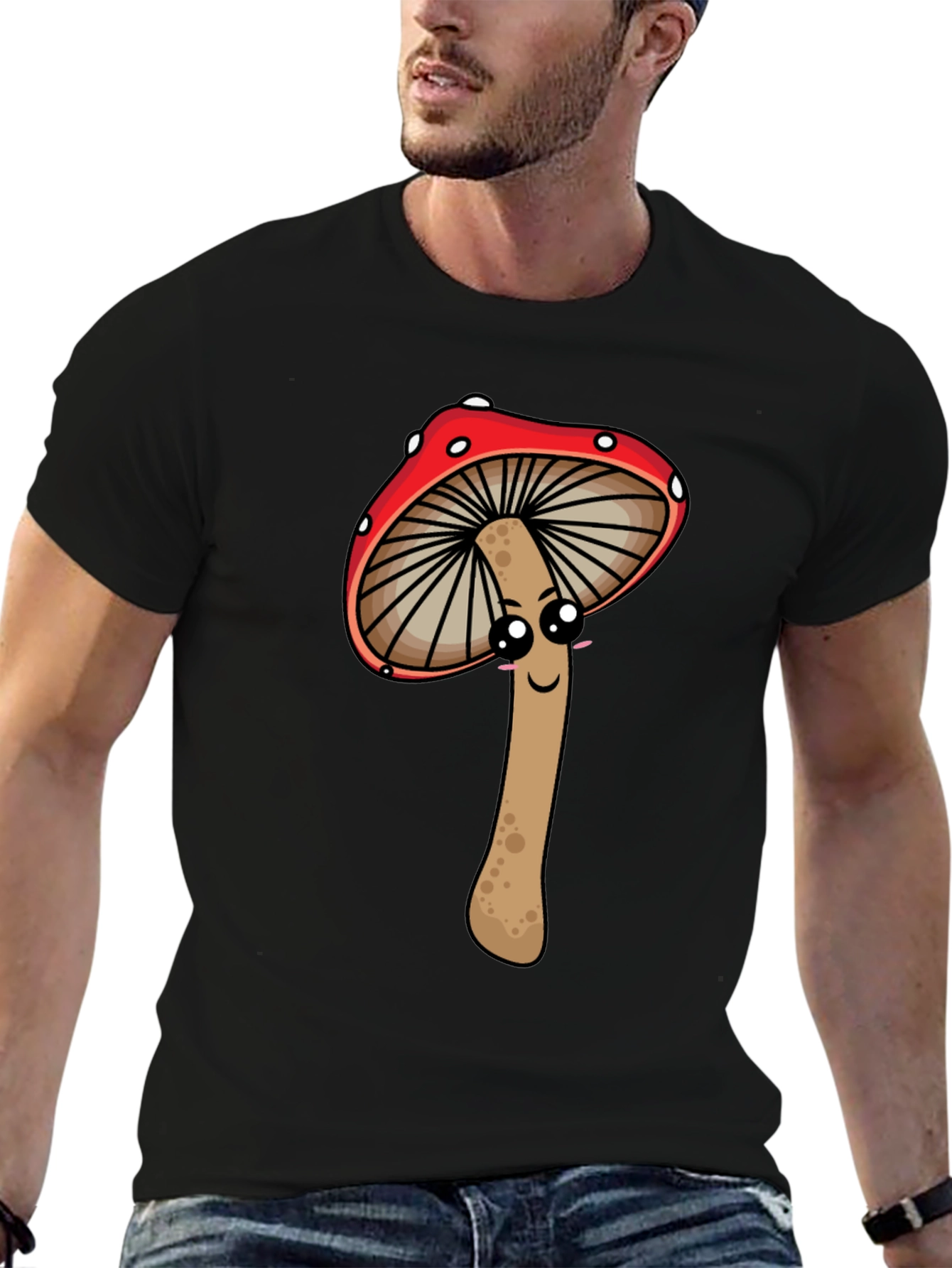 Cute Mushroom Graphic Tee - Black Cotton T-Shirt