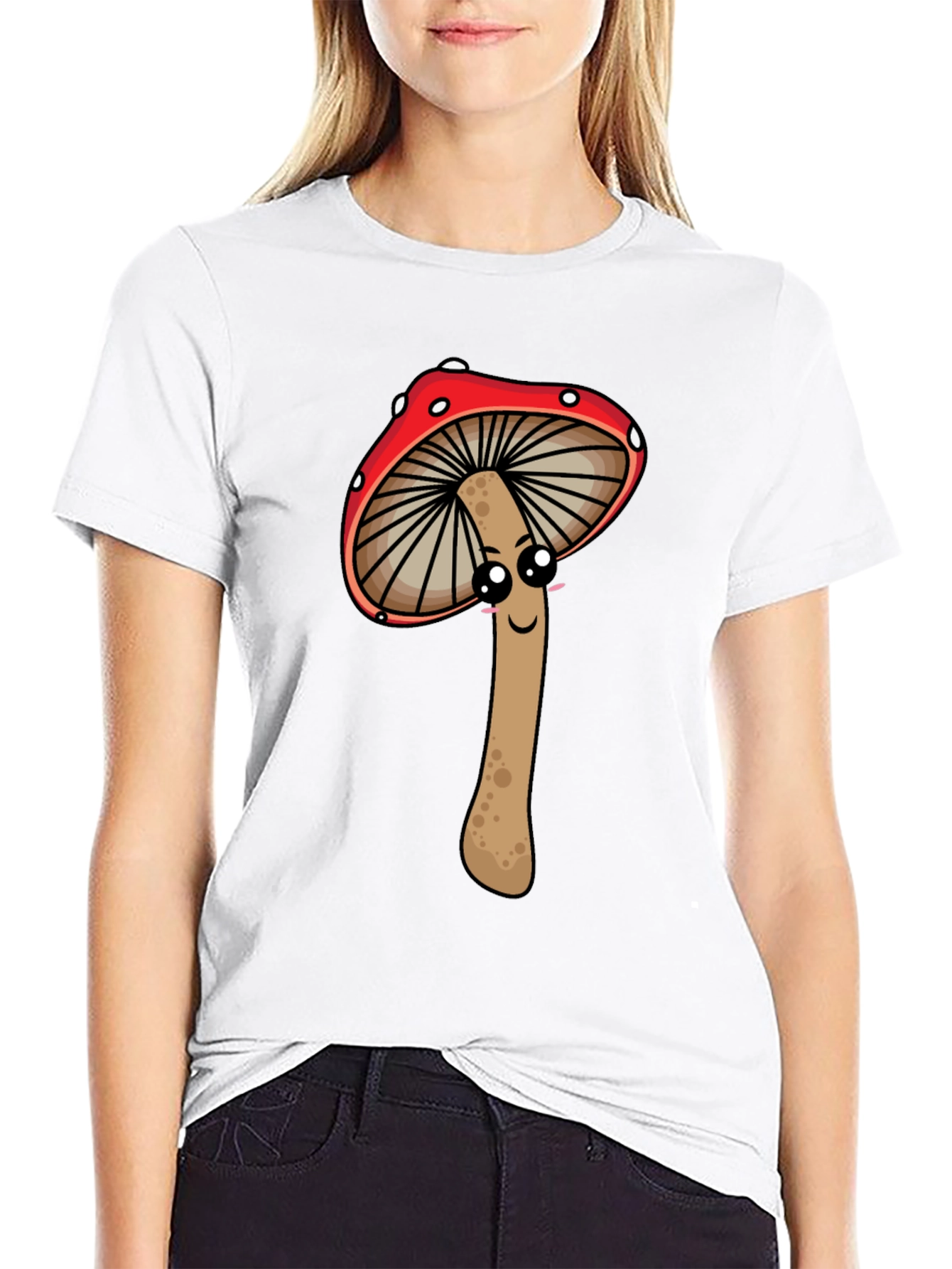 Cute Mushroom Graphic Tee - Black Cotton T-Shirt