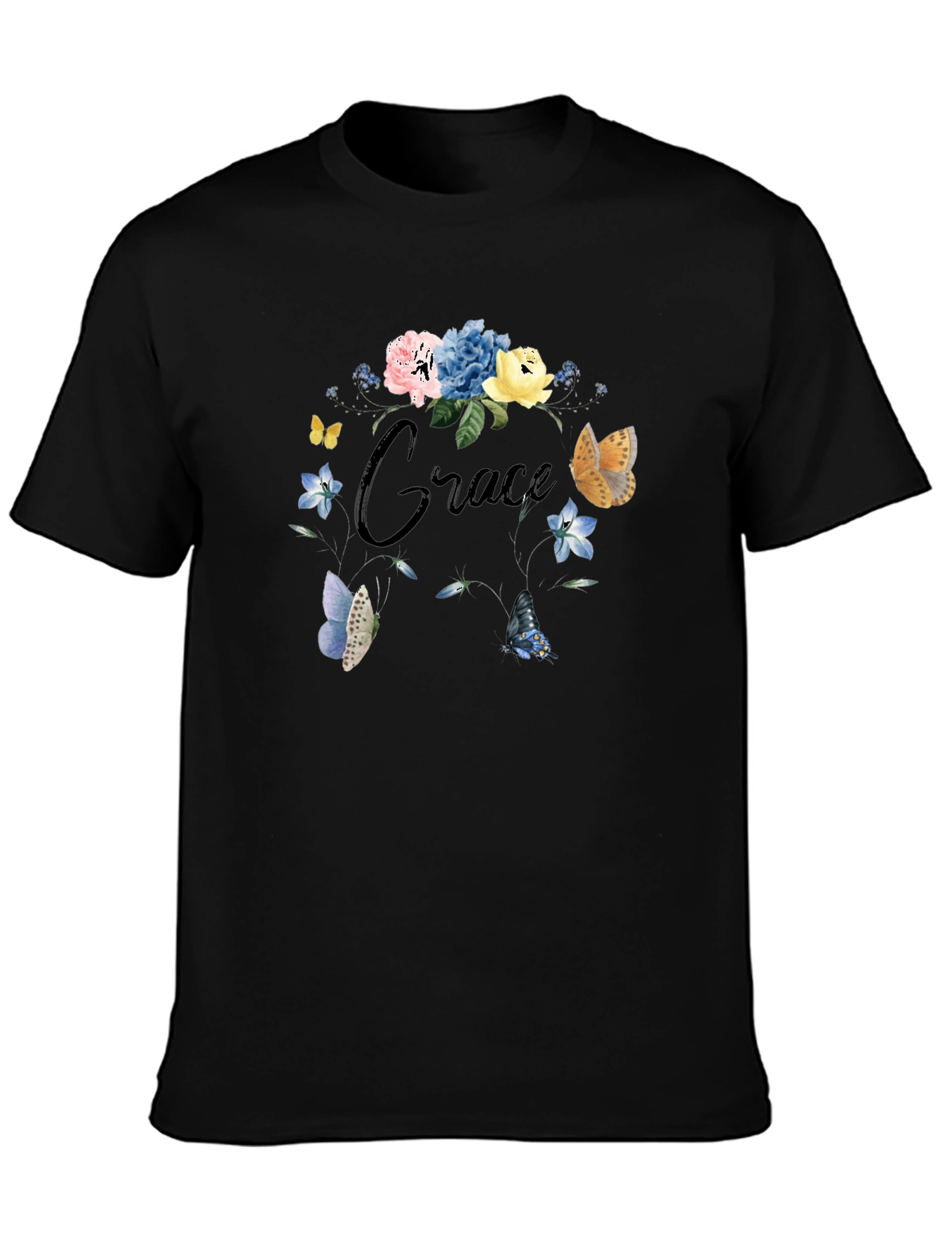 Grace Floral Butterfly Black T-Shirt