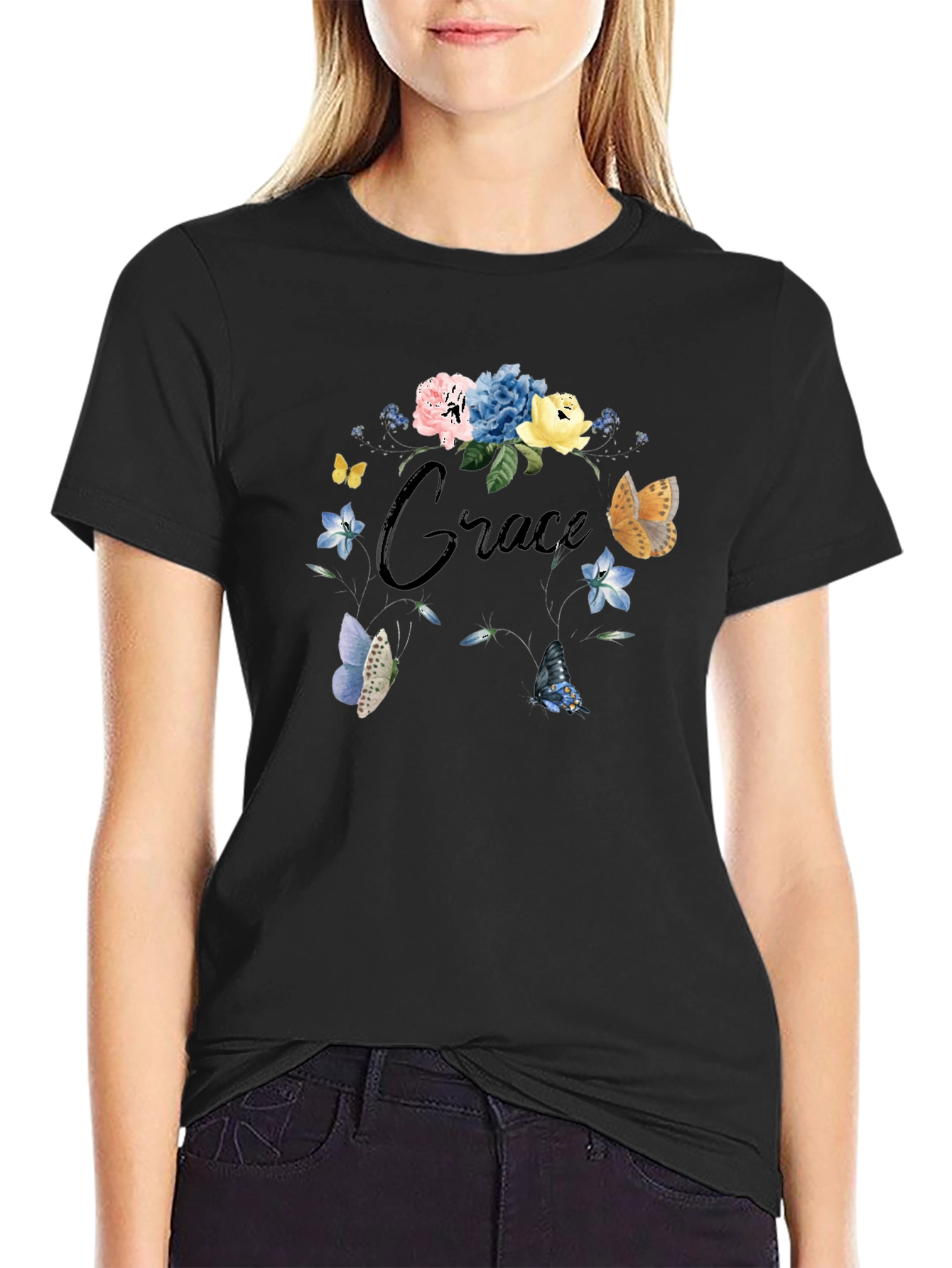 Grace Floral Butterfly Black T-Shirt