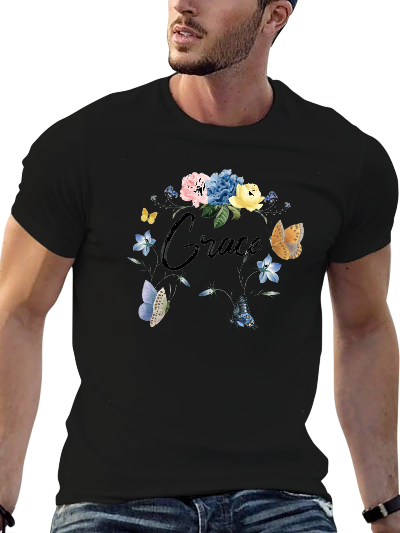 Grace Floral Butterfly Black T-Shirt