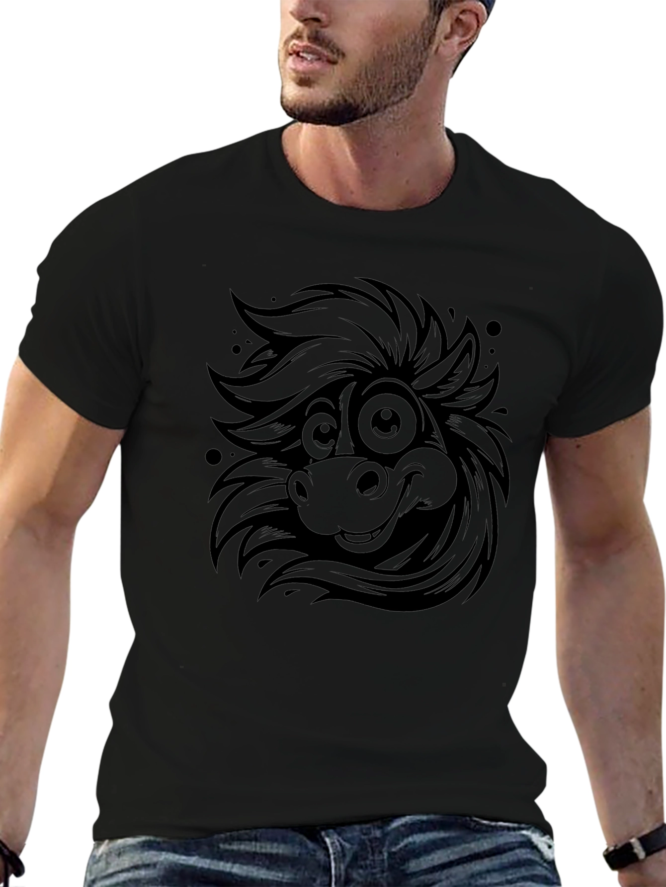 Cartoon Horse Tee - Quirky Black Graphic T-Shirt