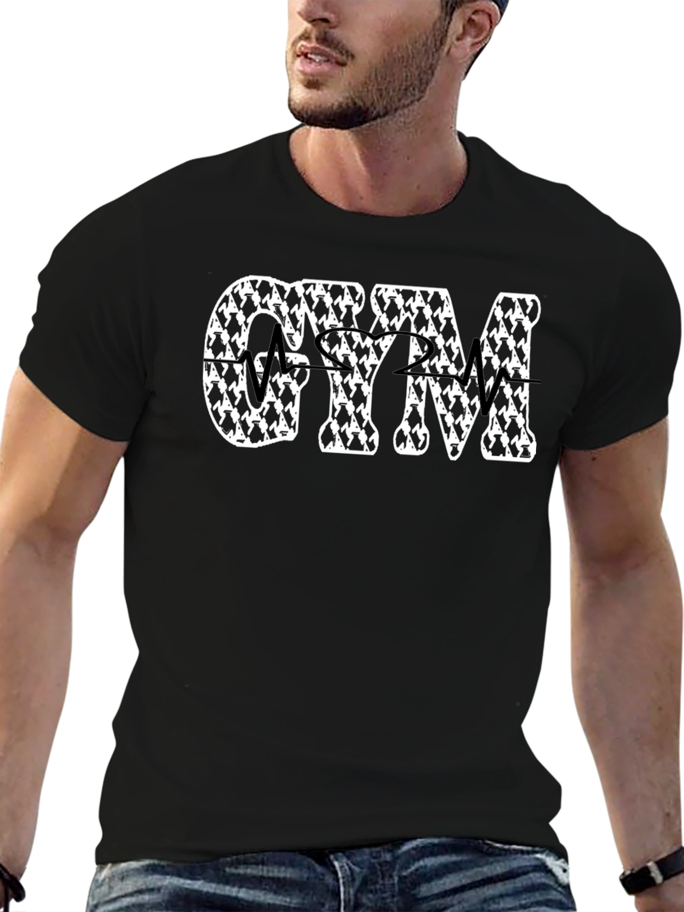 GYM Patterned Text Black T-Shirt