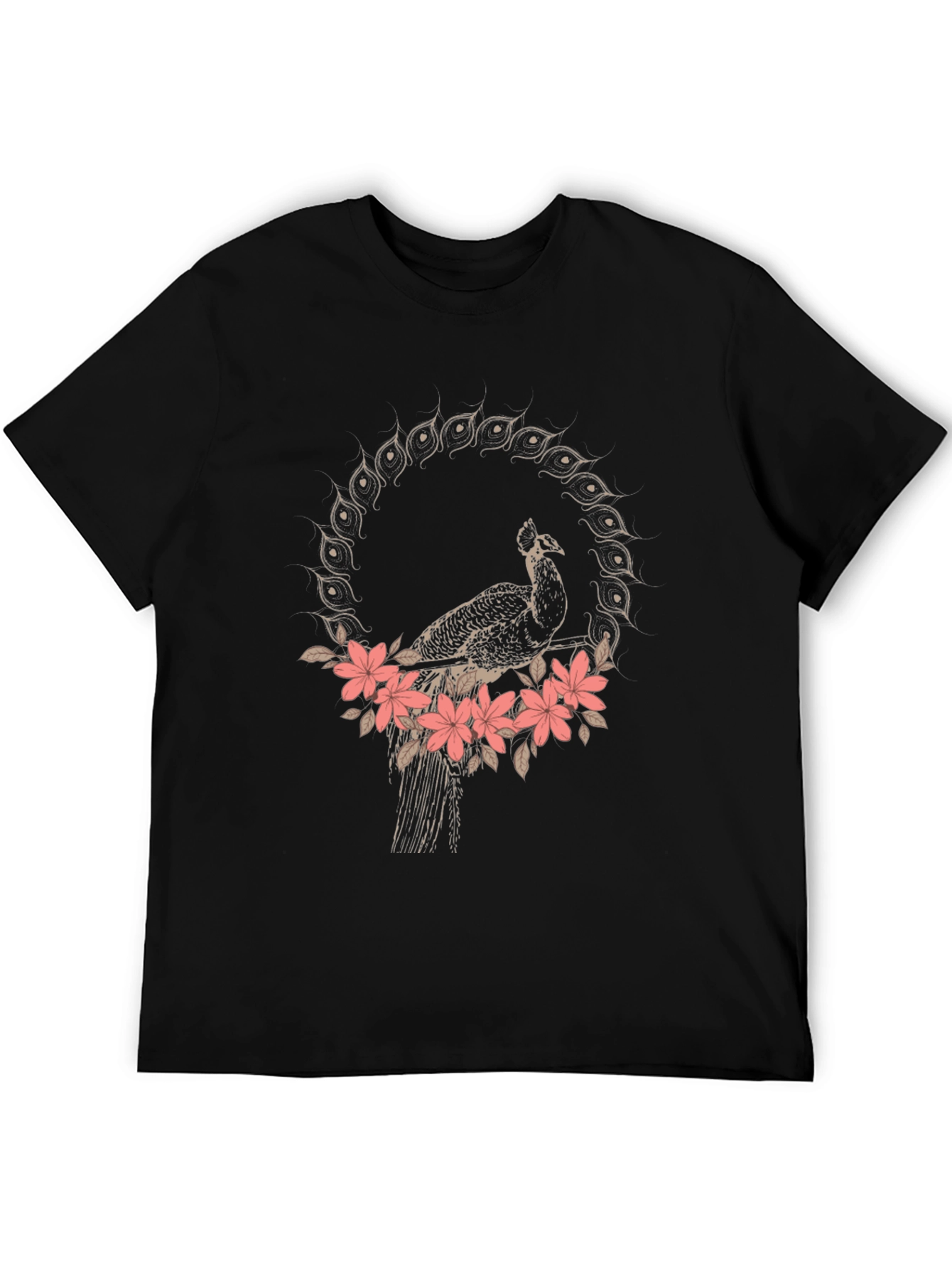Peacock Floral Graphic Tee - Stylish Black T-Shirt