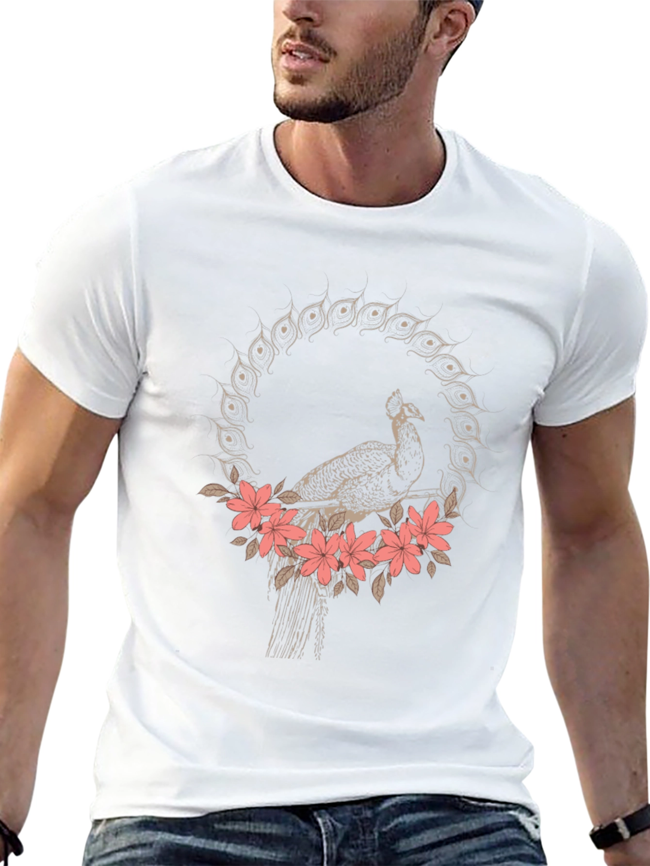 Peacock Floral Graphic Tee - Stylish Black T-Shirt