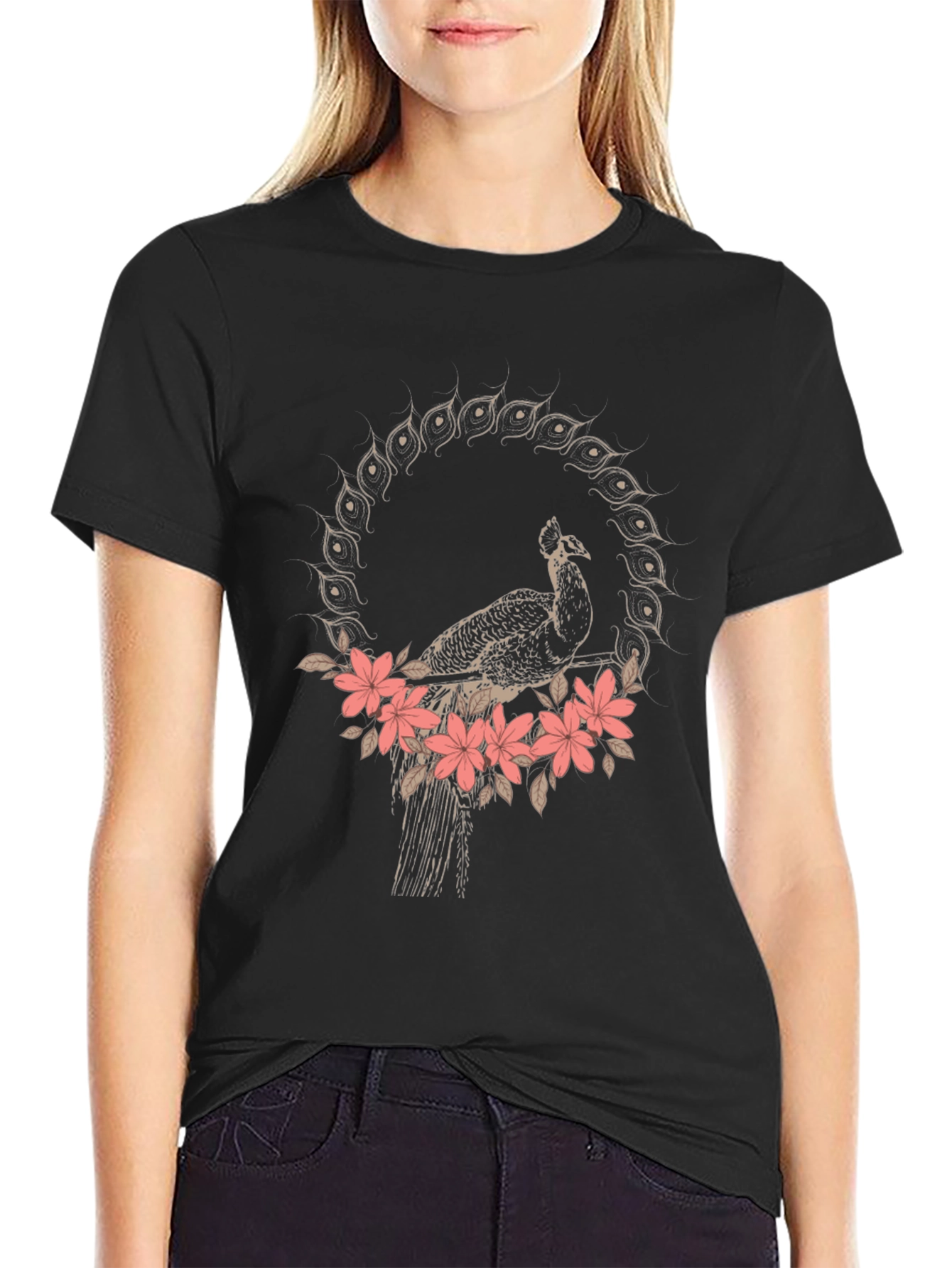 Peacock Floral Graphic Tee - Stylish Black T-Shirt