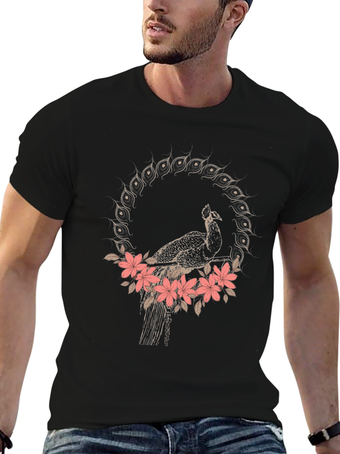 Peacock Floral Graphic Tee - Stylish Black T-Shirt