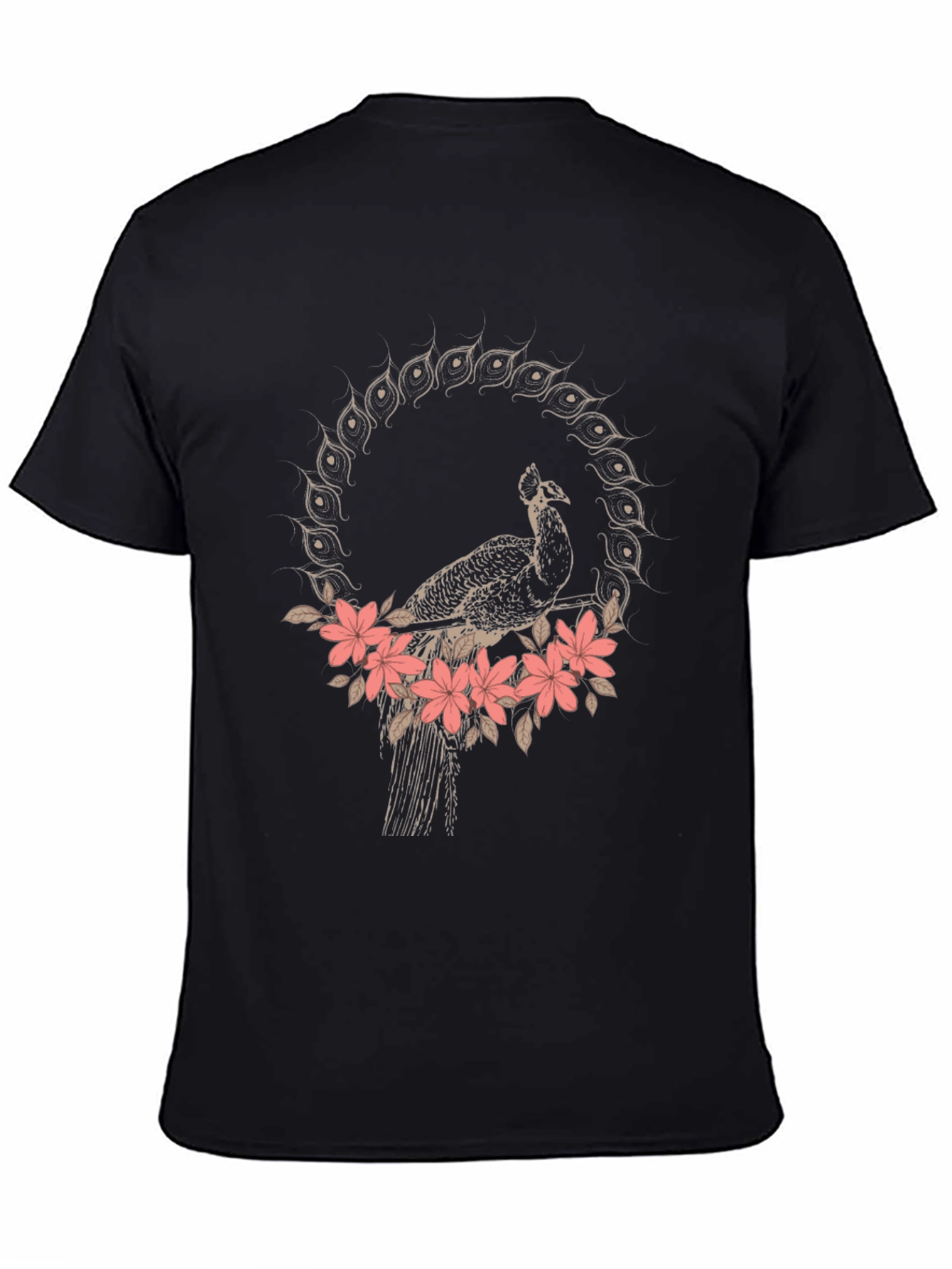 Peacock Floral Graphic Tee - Stylish Black T-Shirt