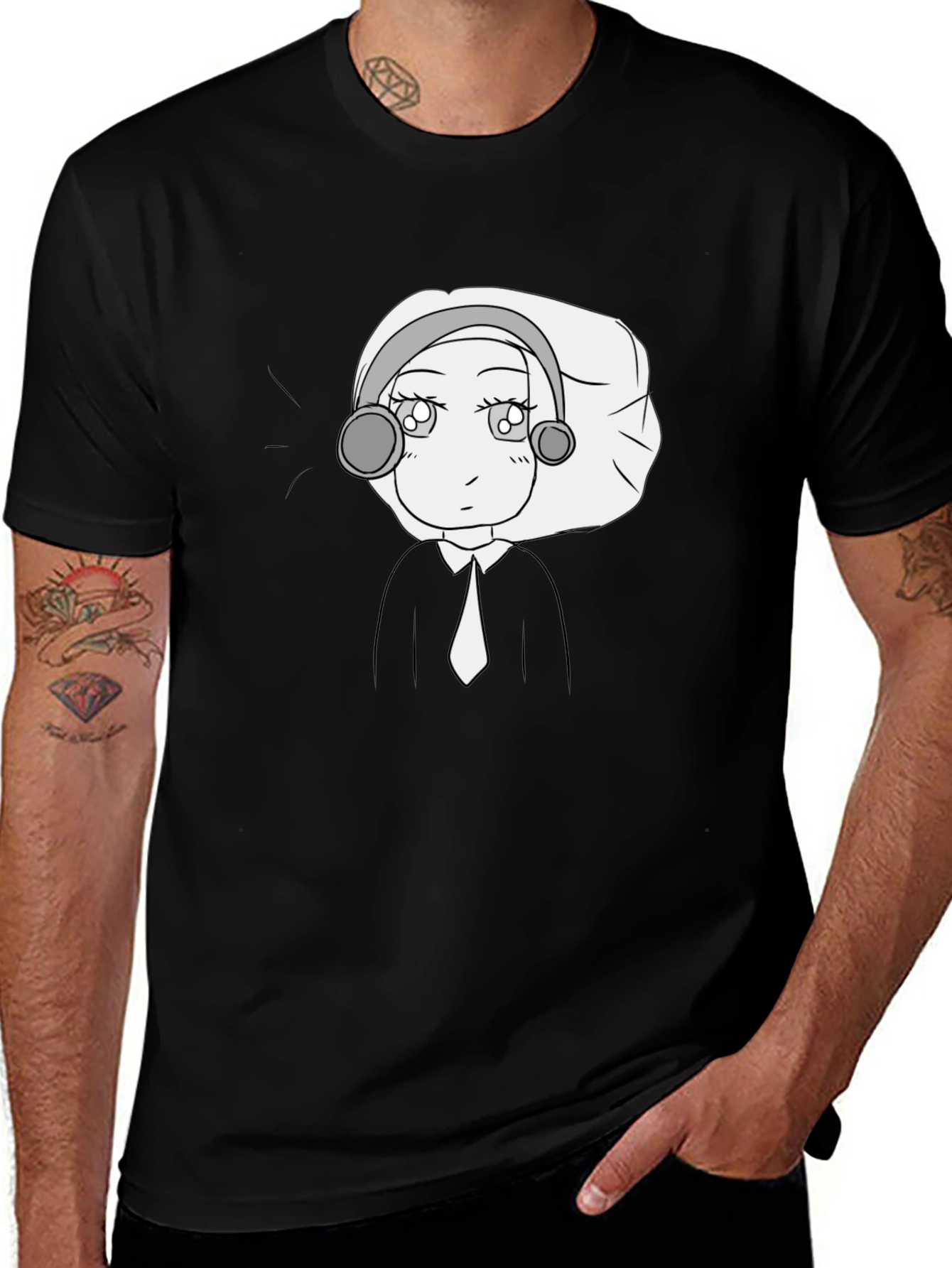 Anime Character Graphic Tee - Black Cotton Blend
