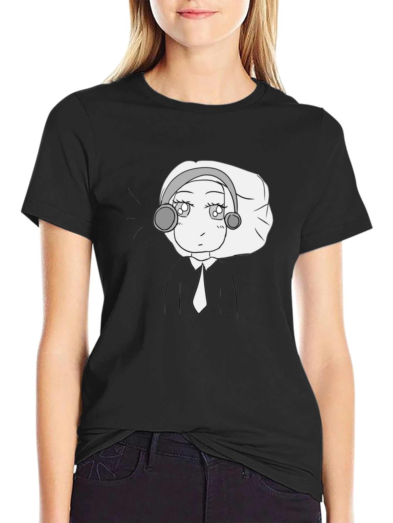Anime Character Graphic Tee - Black Cotton Blend