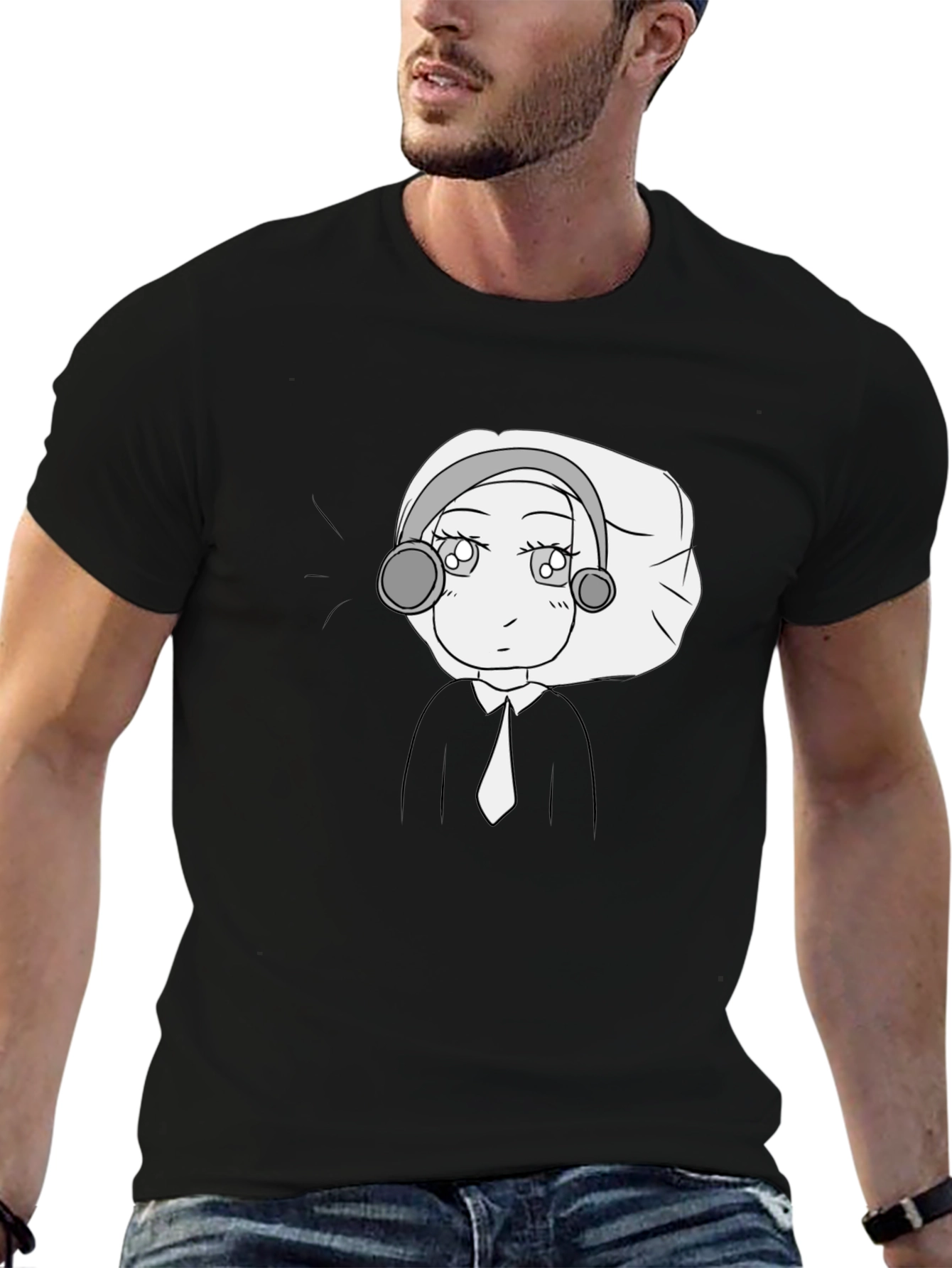 Anime Character Graphic Tee - Black Cotton Blend