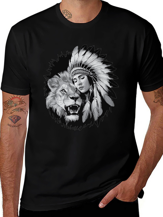 Lion & Native Woman Graphic Tee - Black Cotton Shirt