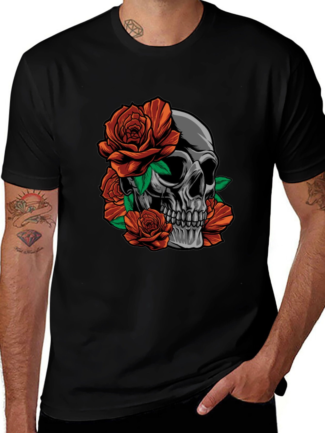 Skull and Roses Graphic Print Black T-Shirt