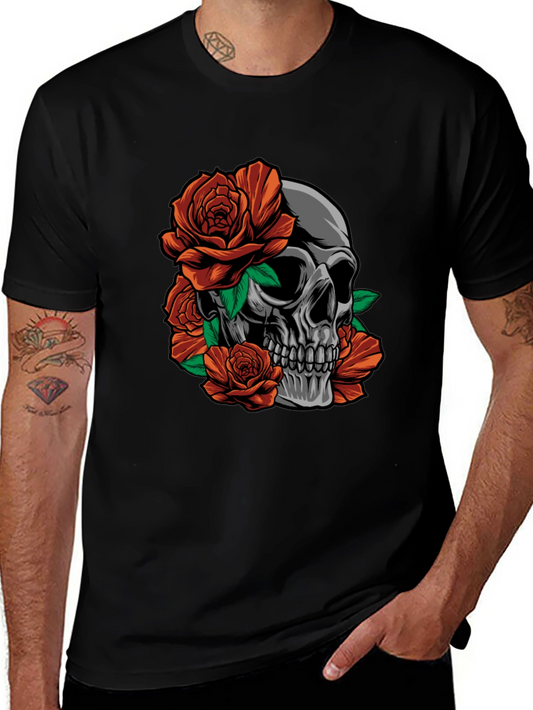 Skull and Roses Graphic Print Black T-Shirt