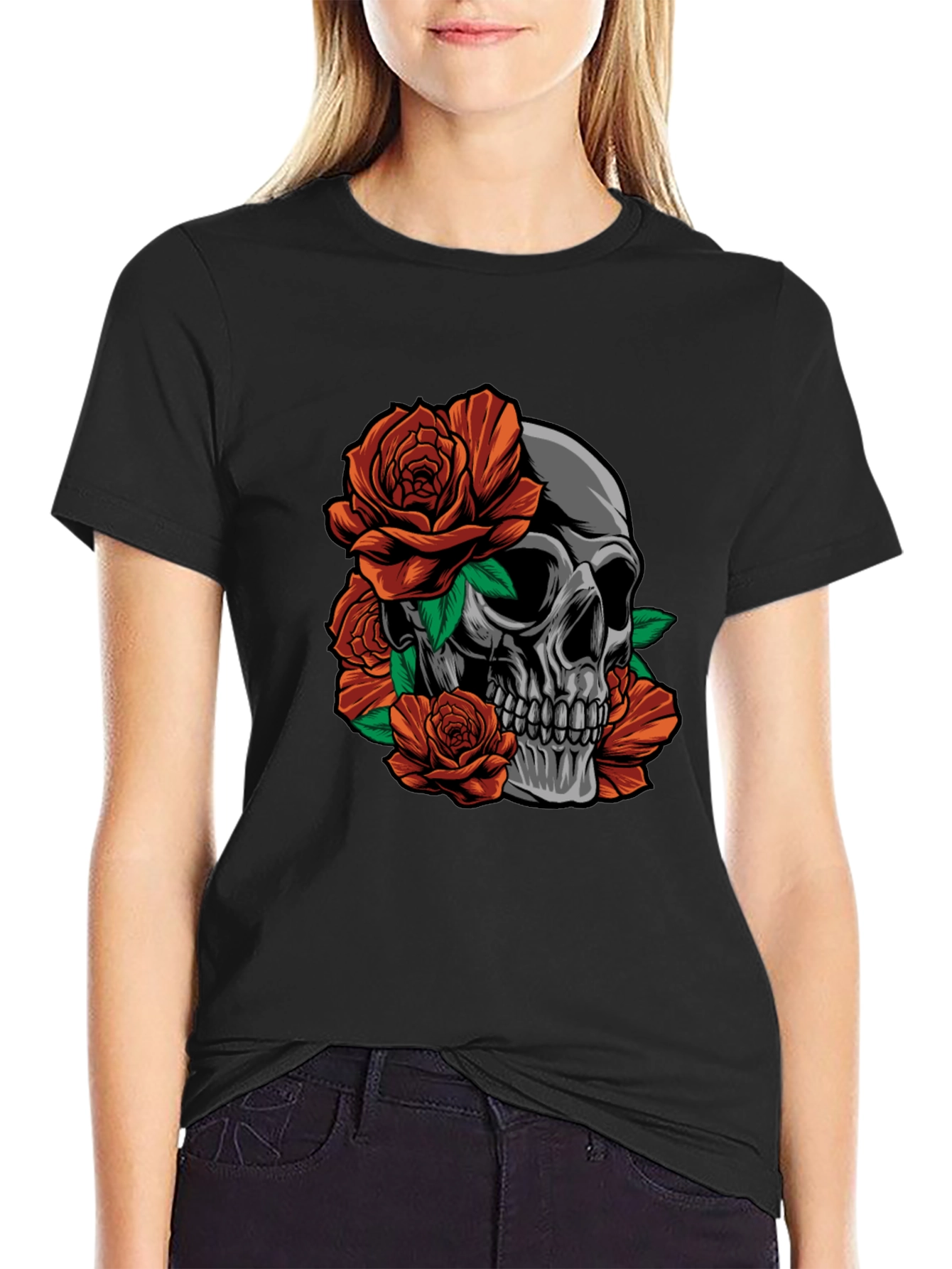 Skull and Roses Graphic Print Black T-Shirt
