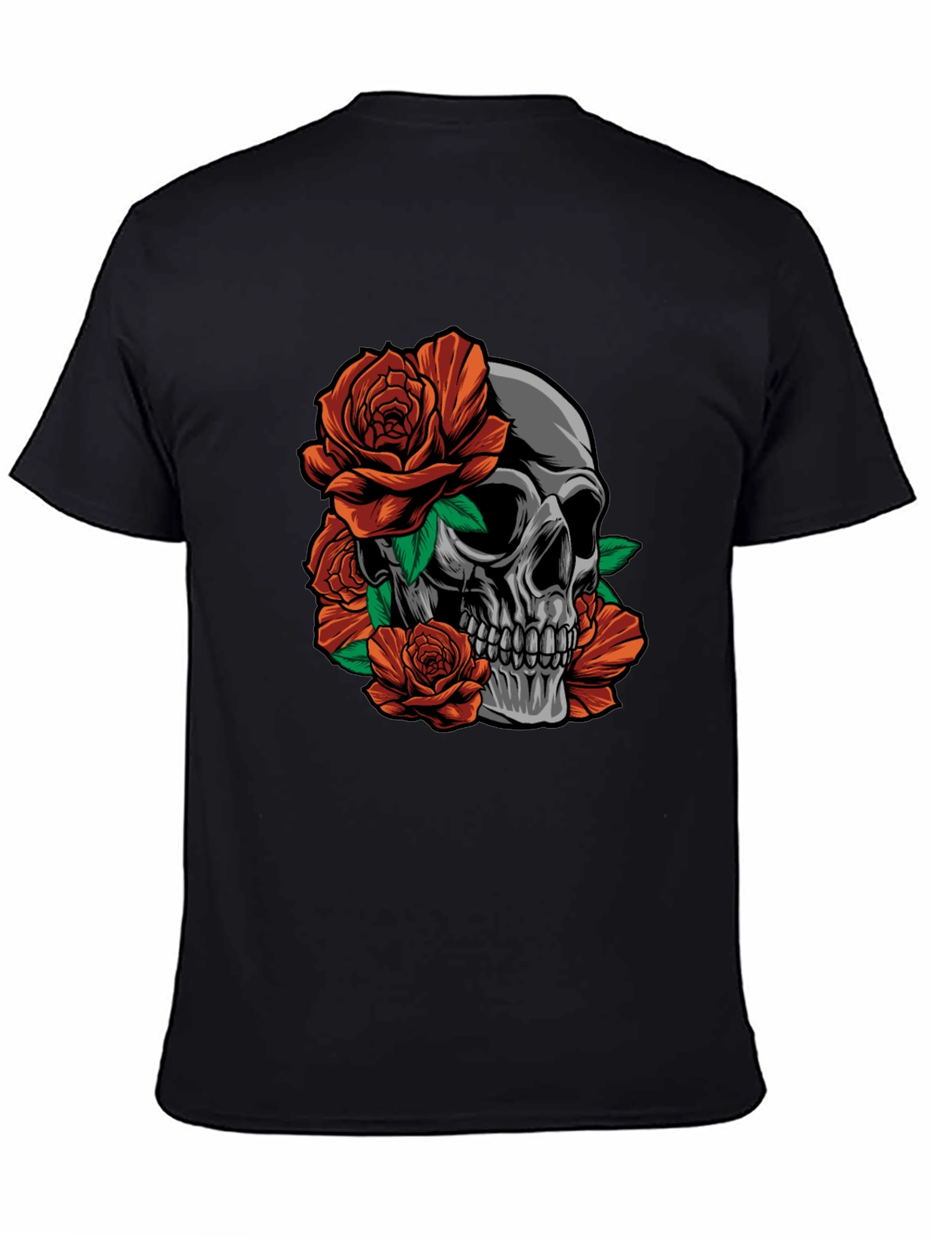 Skull and Roses Graphic Print Black T-Shirt