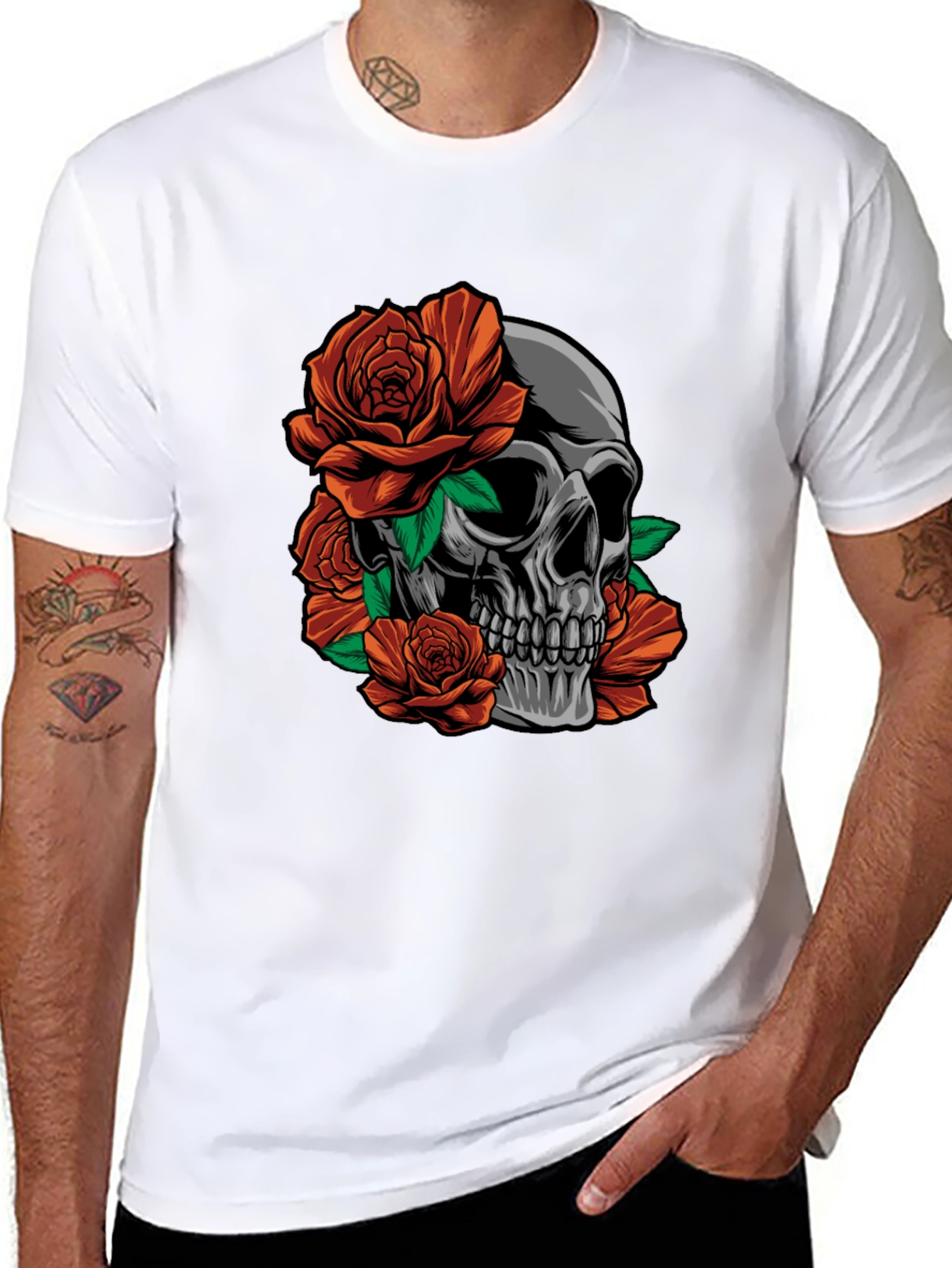 Skull and Roses Graphic Print Black T-Shirt
