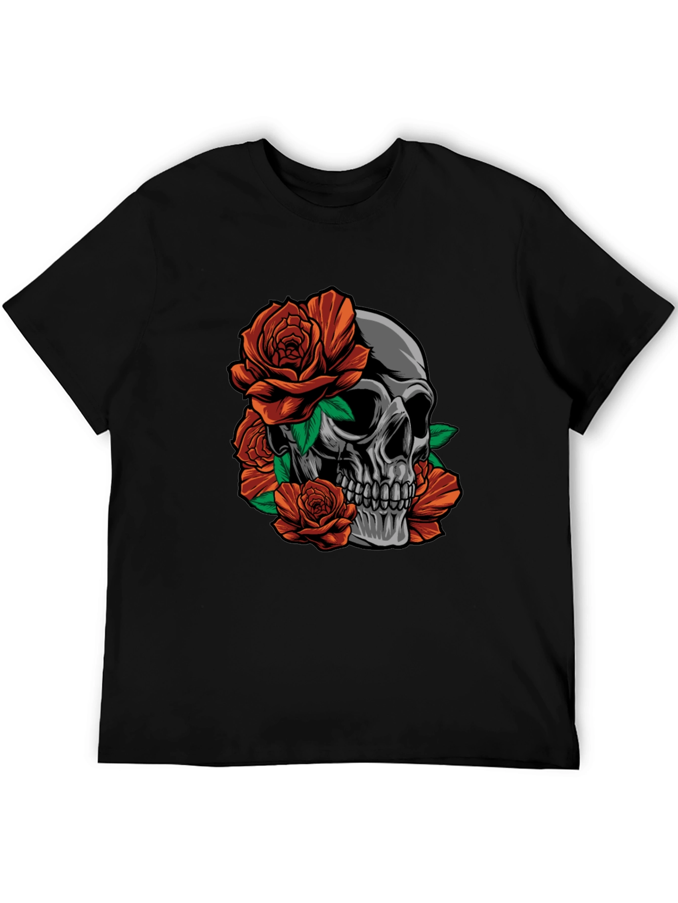 Skull and Roses Graphic Print Black T-Shirt