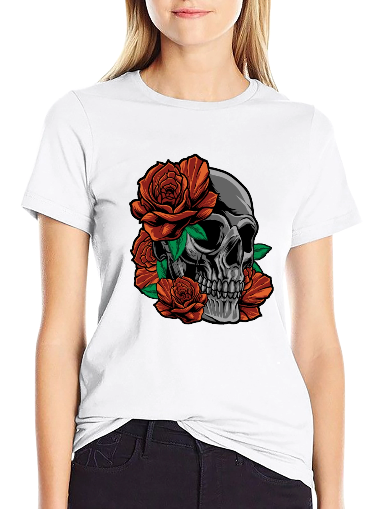Skull and Roses Graphic Print Black T-Shirt