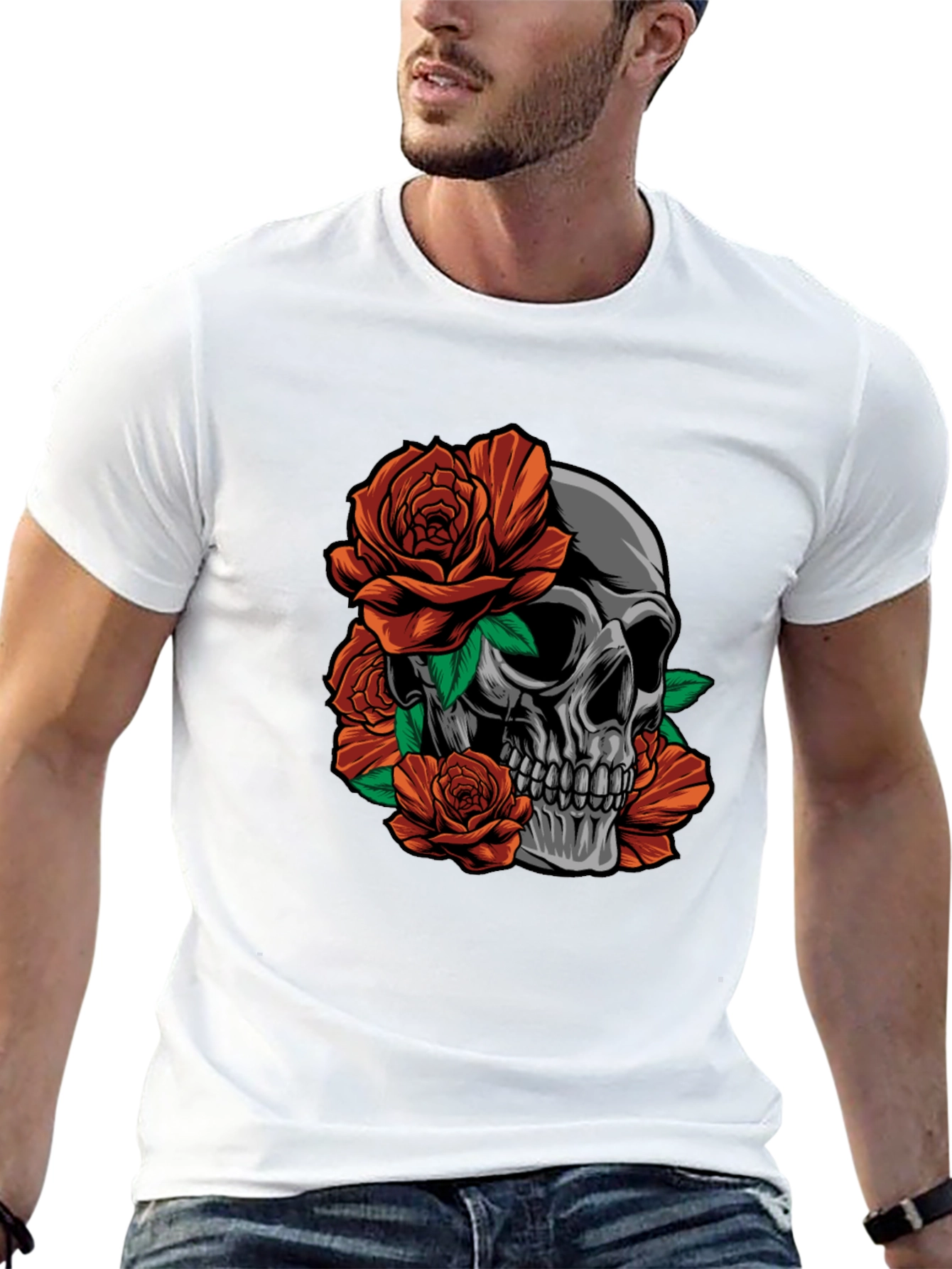 Skull and Roses Graphic Print Black T-Shirt