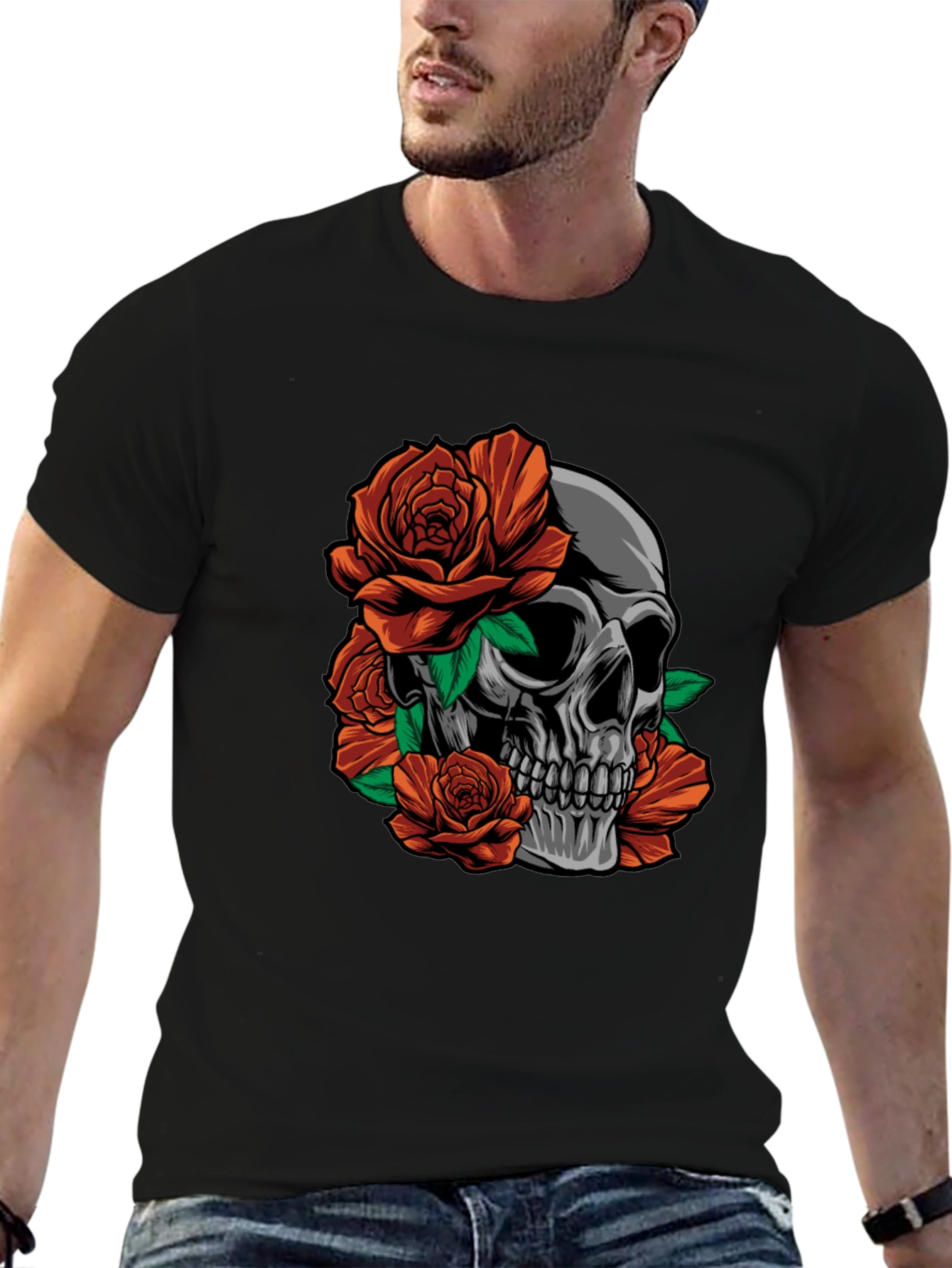 Skull and Roses Graphic Print Black T-Shirt