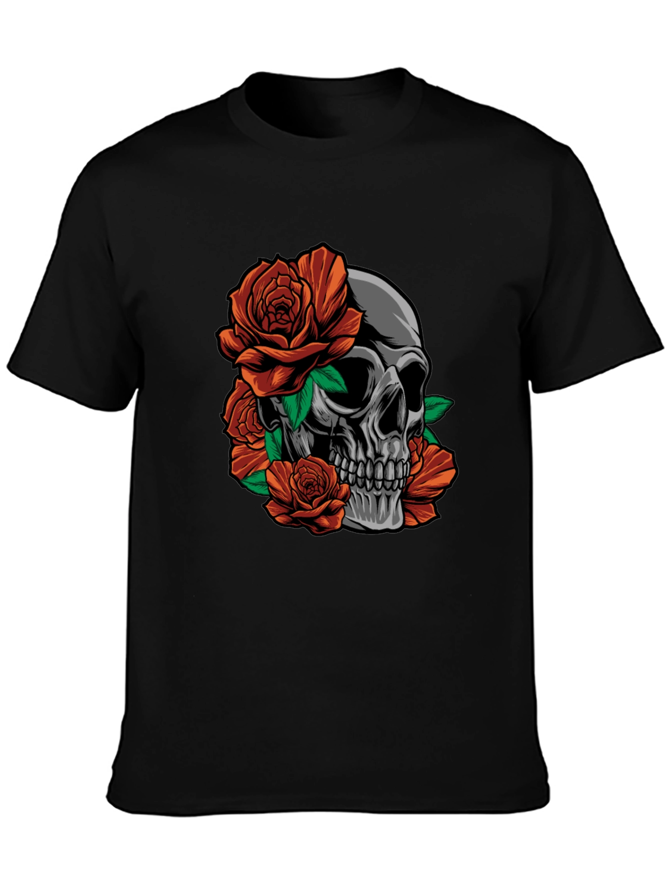 Skull and Roses Graphic Print Black T-Shirt