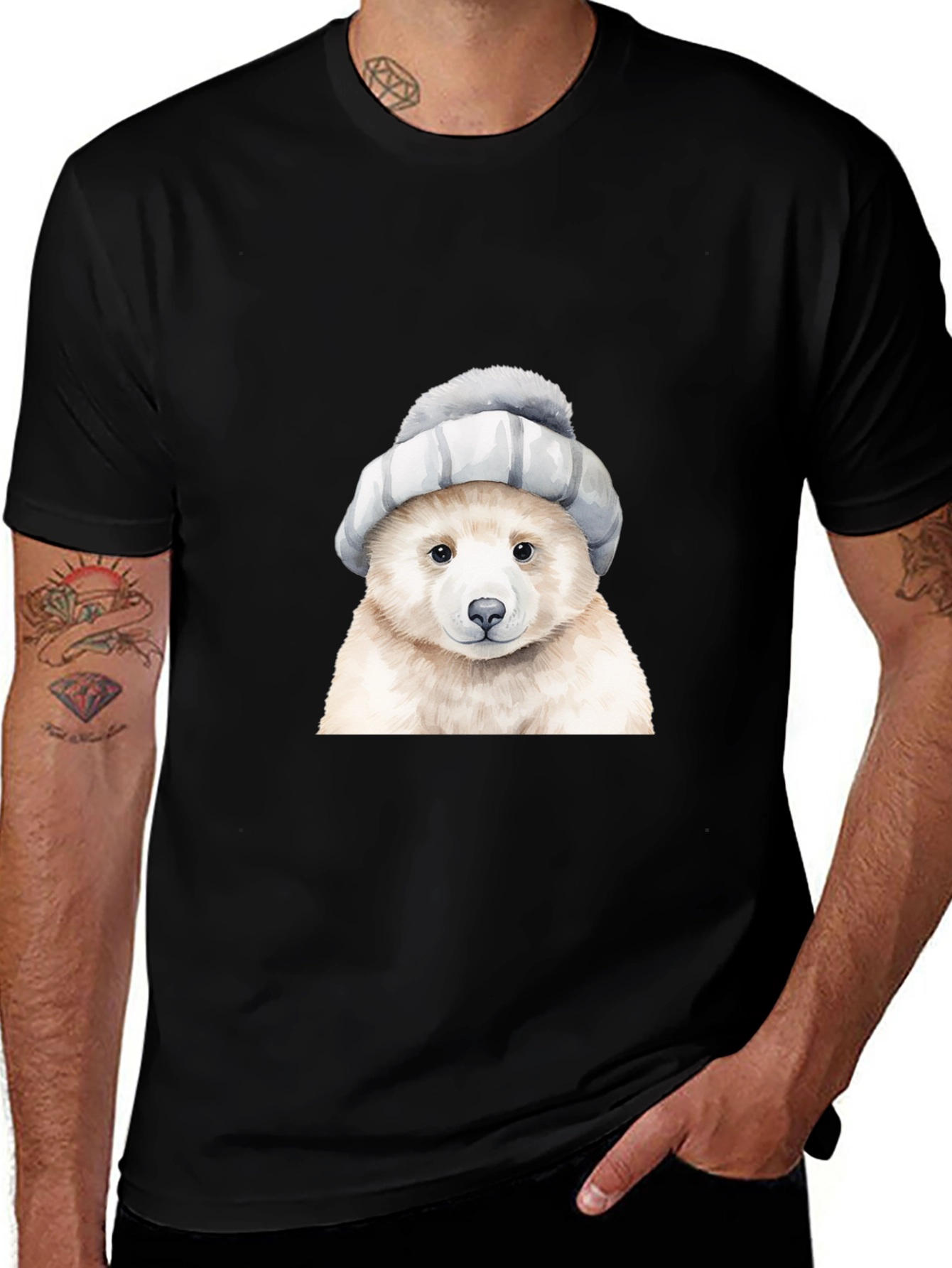 Bear in Hat Graphic Tee - Casual Black T-Shirt