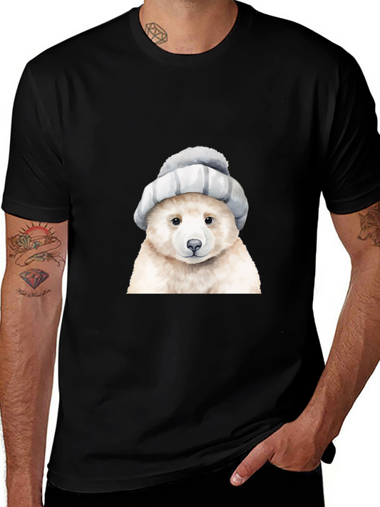 Bear in Hat Graphic Tee - Casual Black T-Shirt