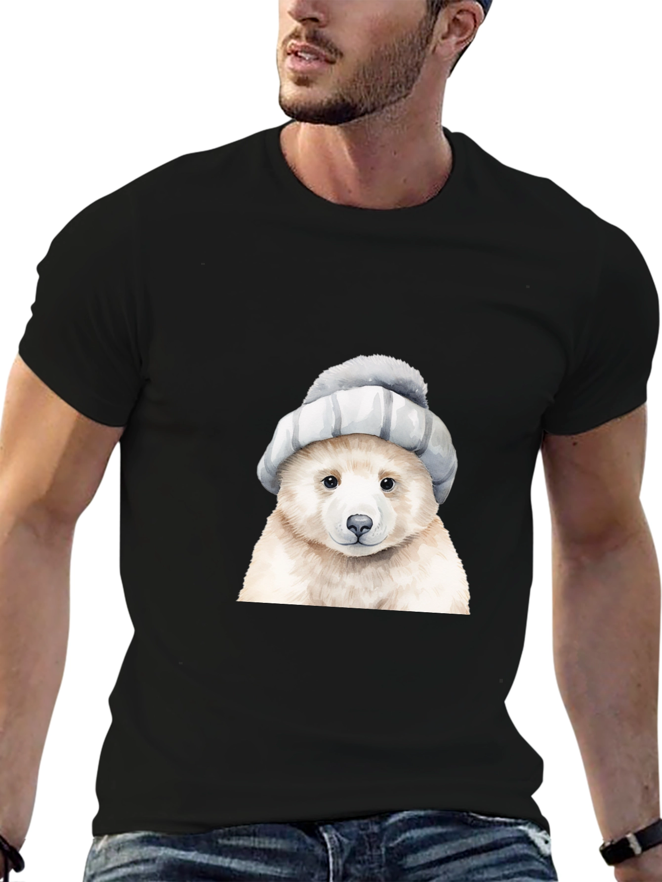 Bear in Hat Graphic Tee - Casual Black T-Shirt