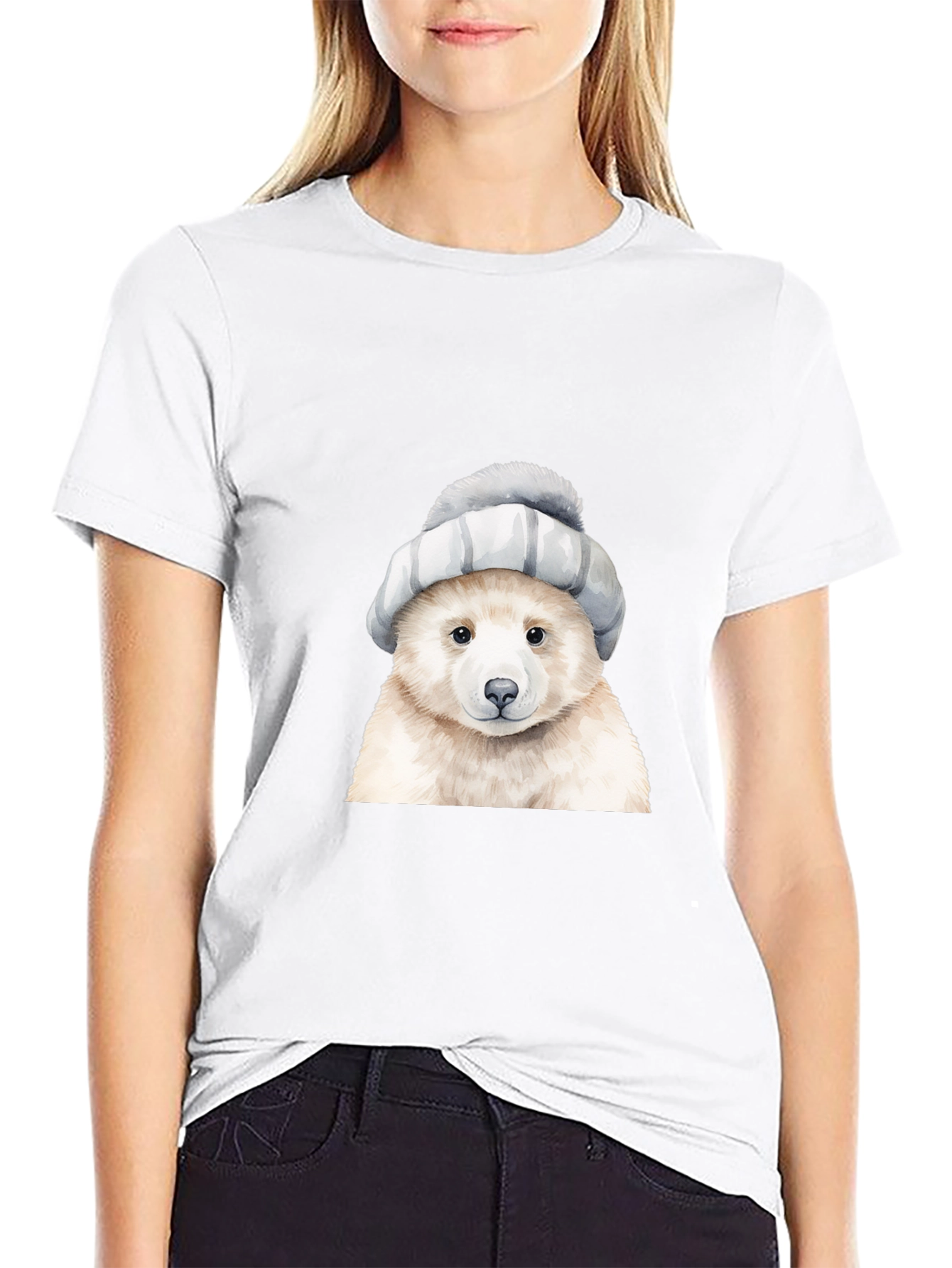 Bear in Hat Graphic Tee - Casual Black T-Shirt