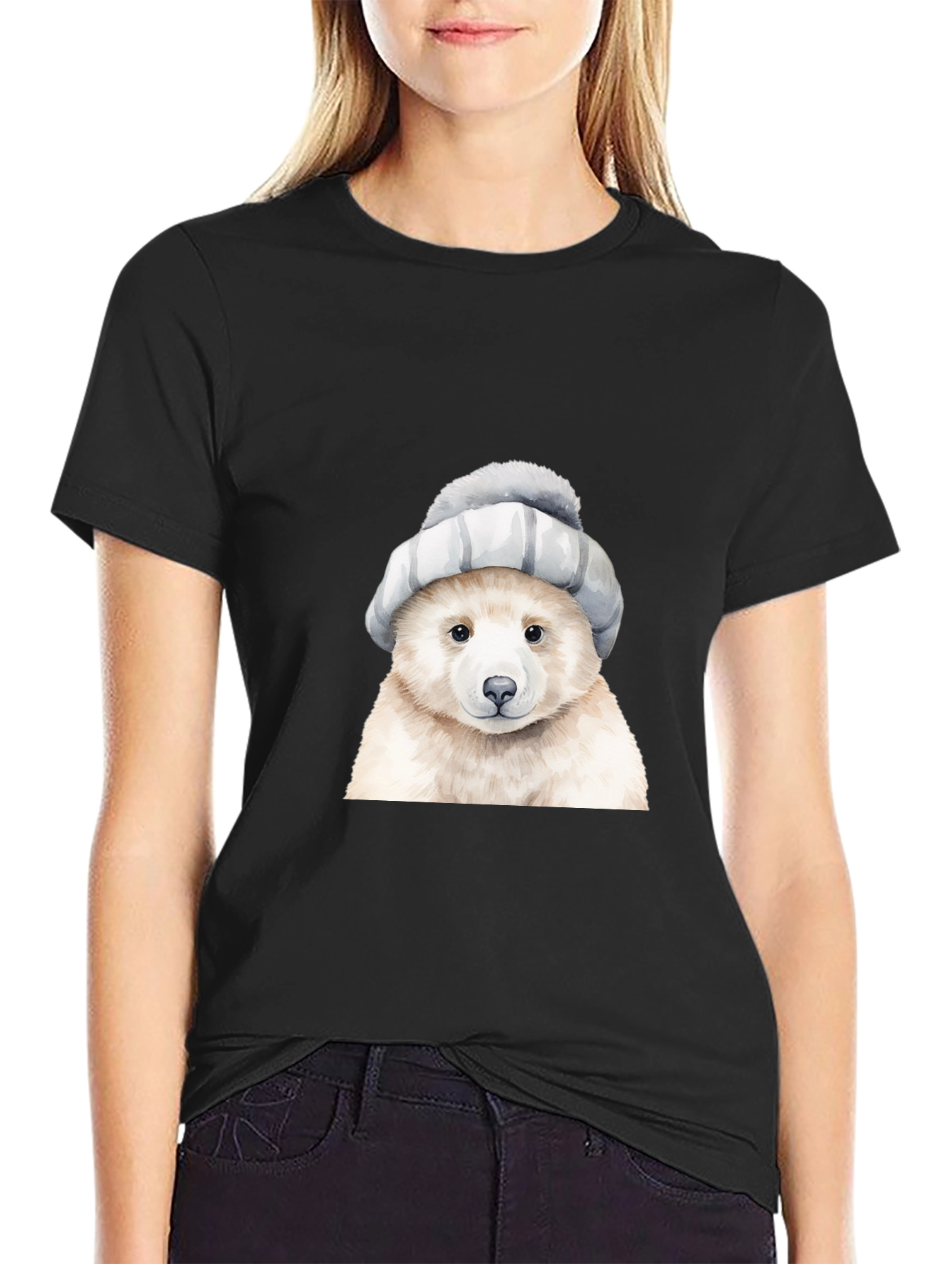 Bear in Hat Graphic Tee - Casual Black T-Shirt