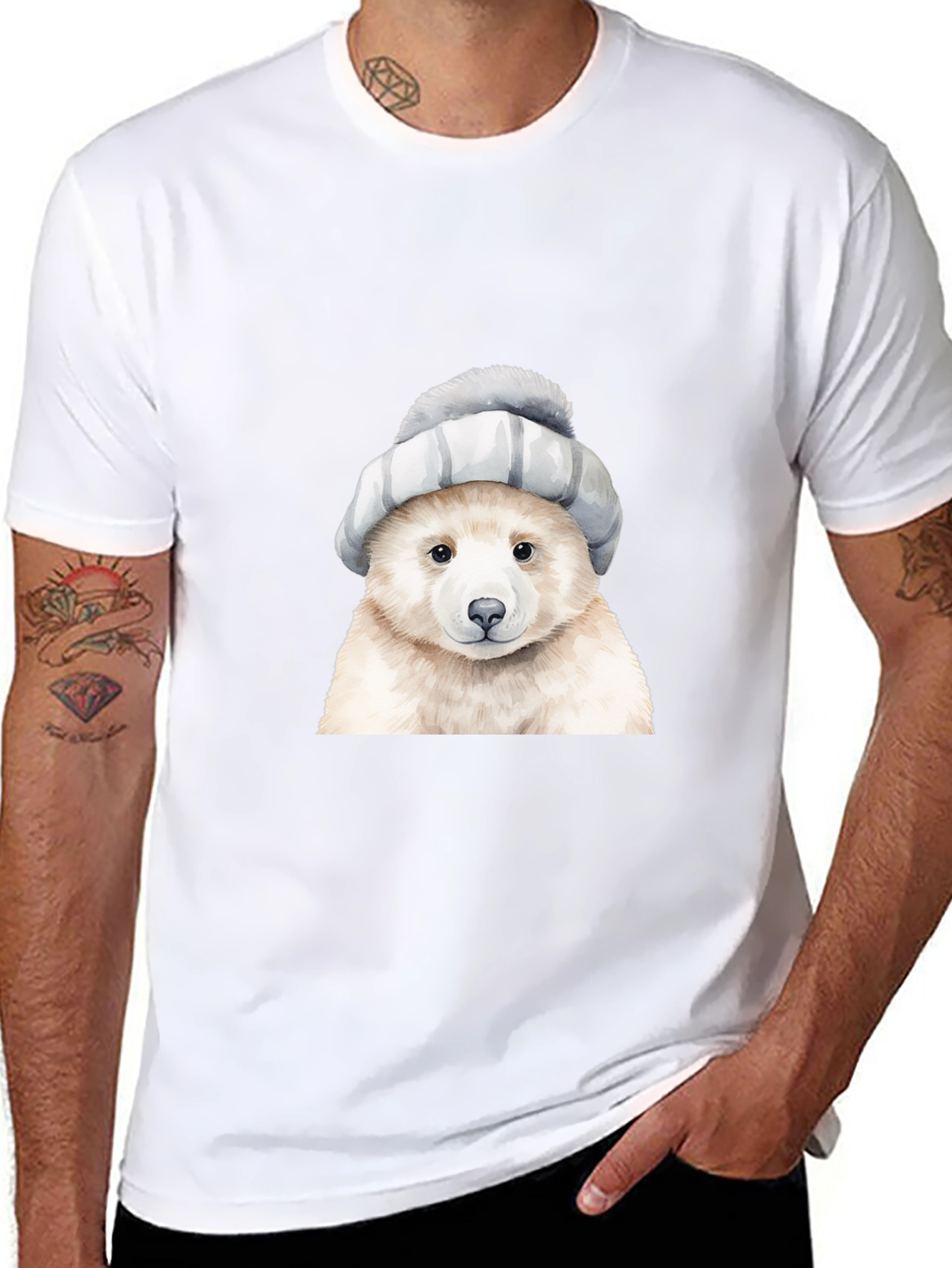 Bear in Hat Graphic Tee - Casual Black T-Shirt